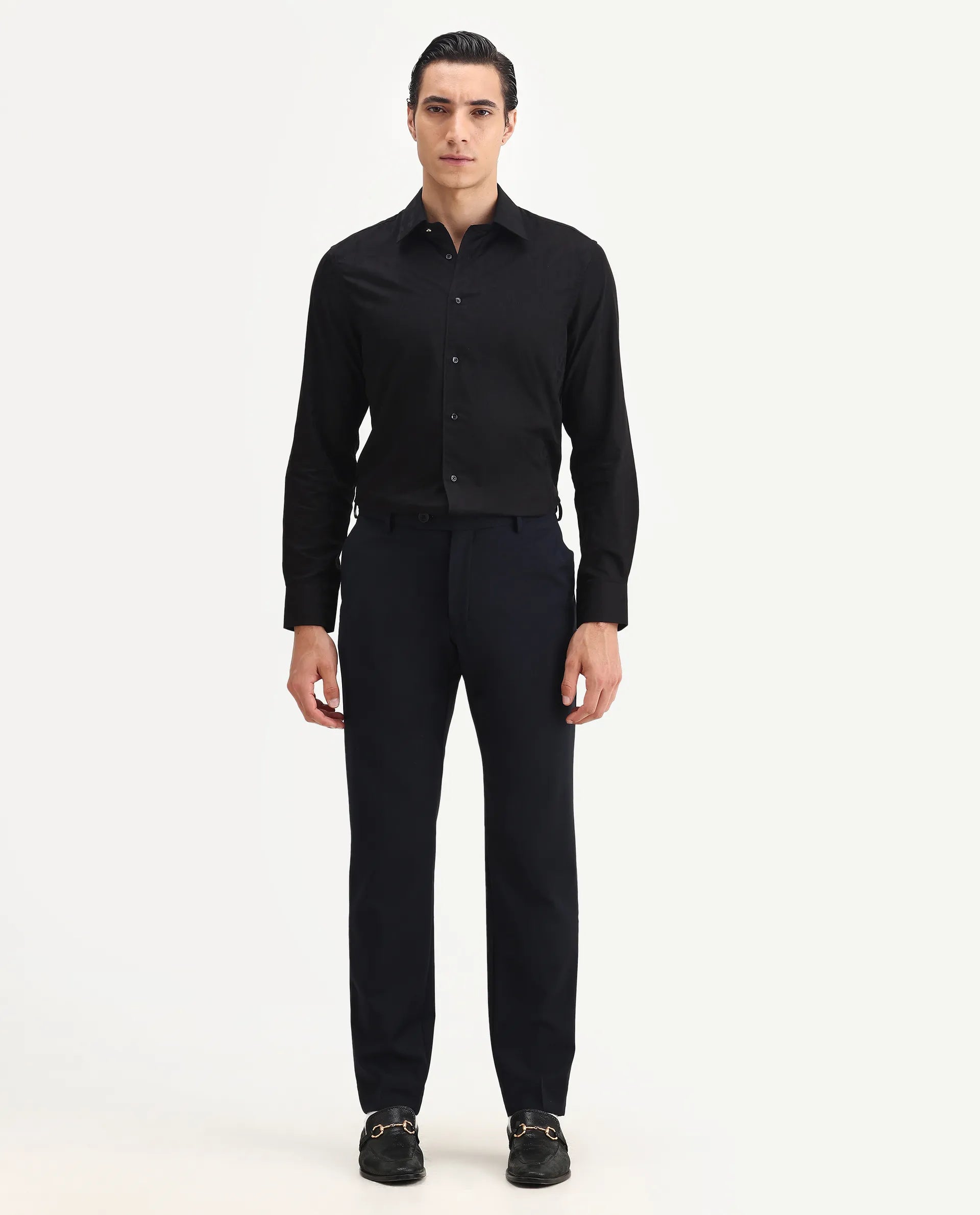 Rare Rabbit Men's Arbo-B Navy Polyester Plain Slim Fit Full Sleeve Lapel Neck Suits