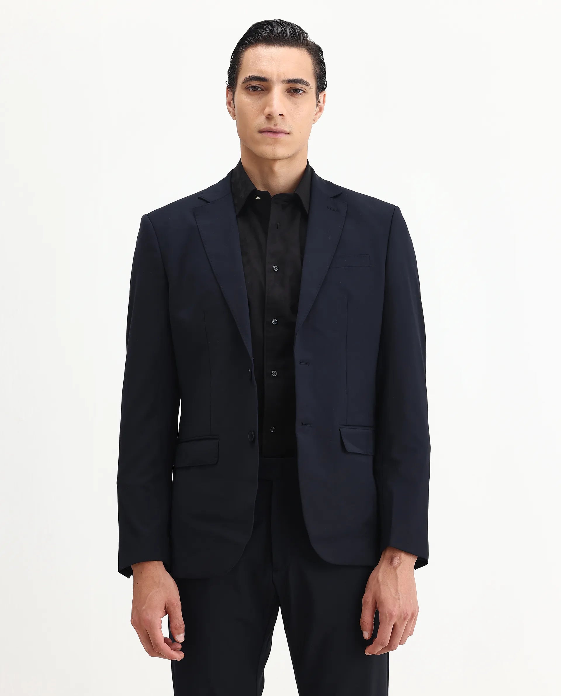 Rare Rabbit Men's Arbo-B Navy Polyester Plain Slim Fit Full Sleeve Lapel Neck Suits