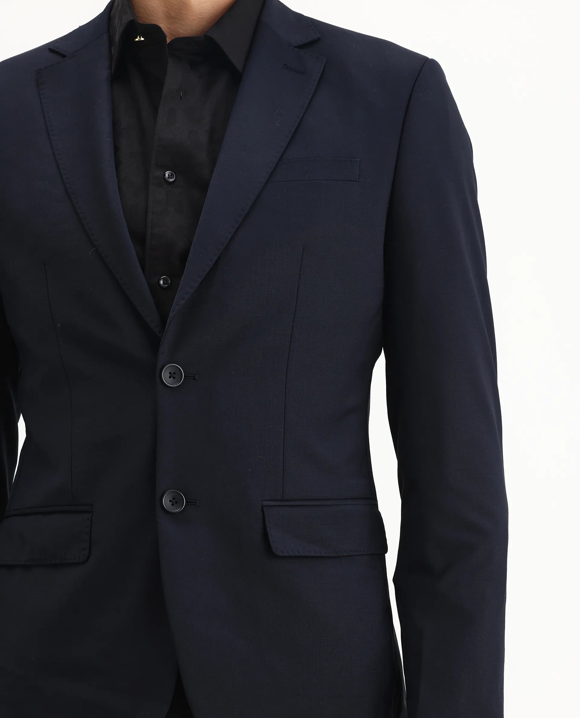 Rare Rabbit Men's Arbo-B Navy Polyester Plain Slim Fit Full Sleeve Lapel Neck Suits