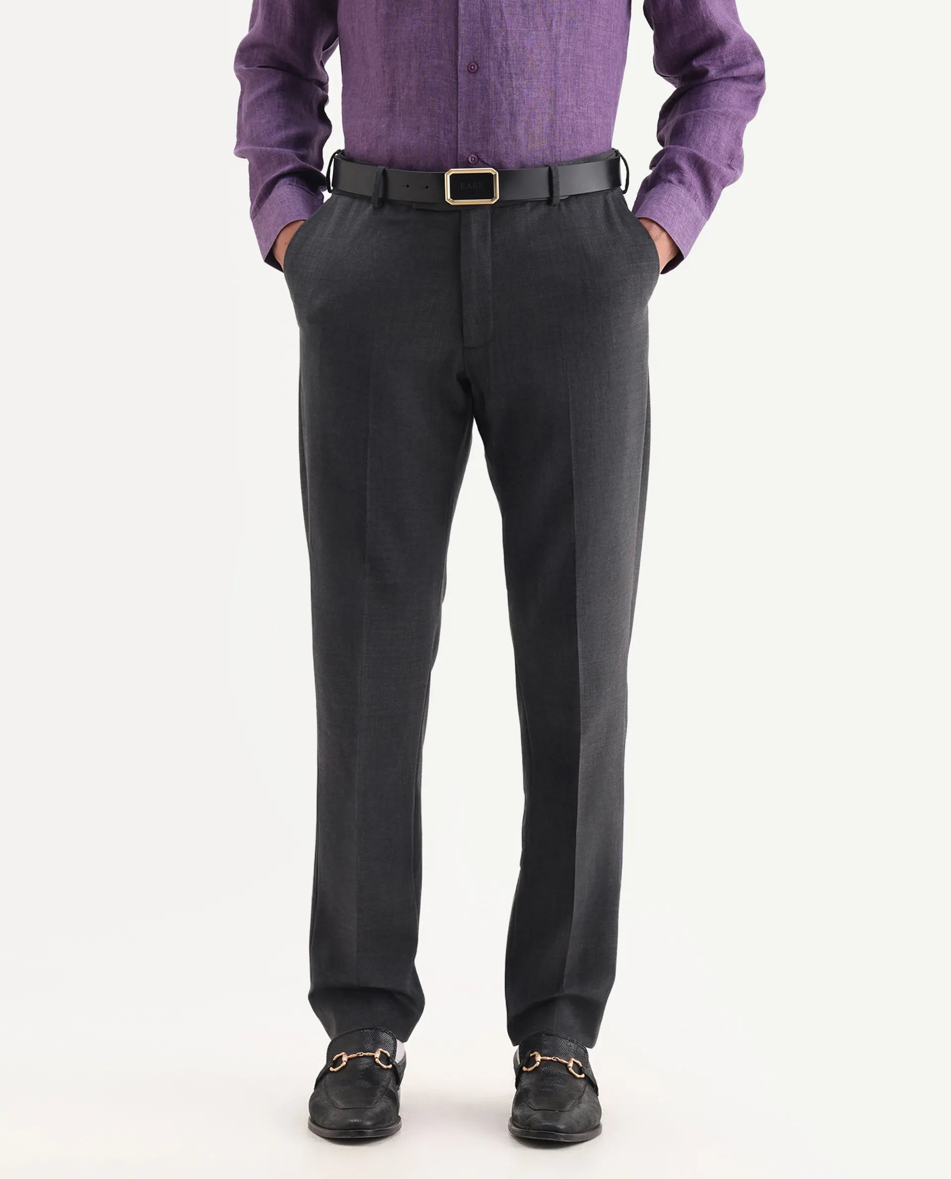 Rare Rabbit Men's Arbo Grey Polyester Blend Plain Regular Fit Trouser
