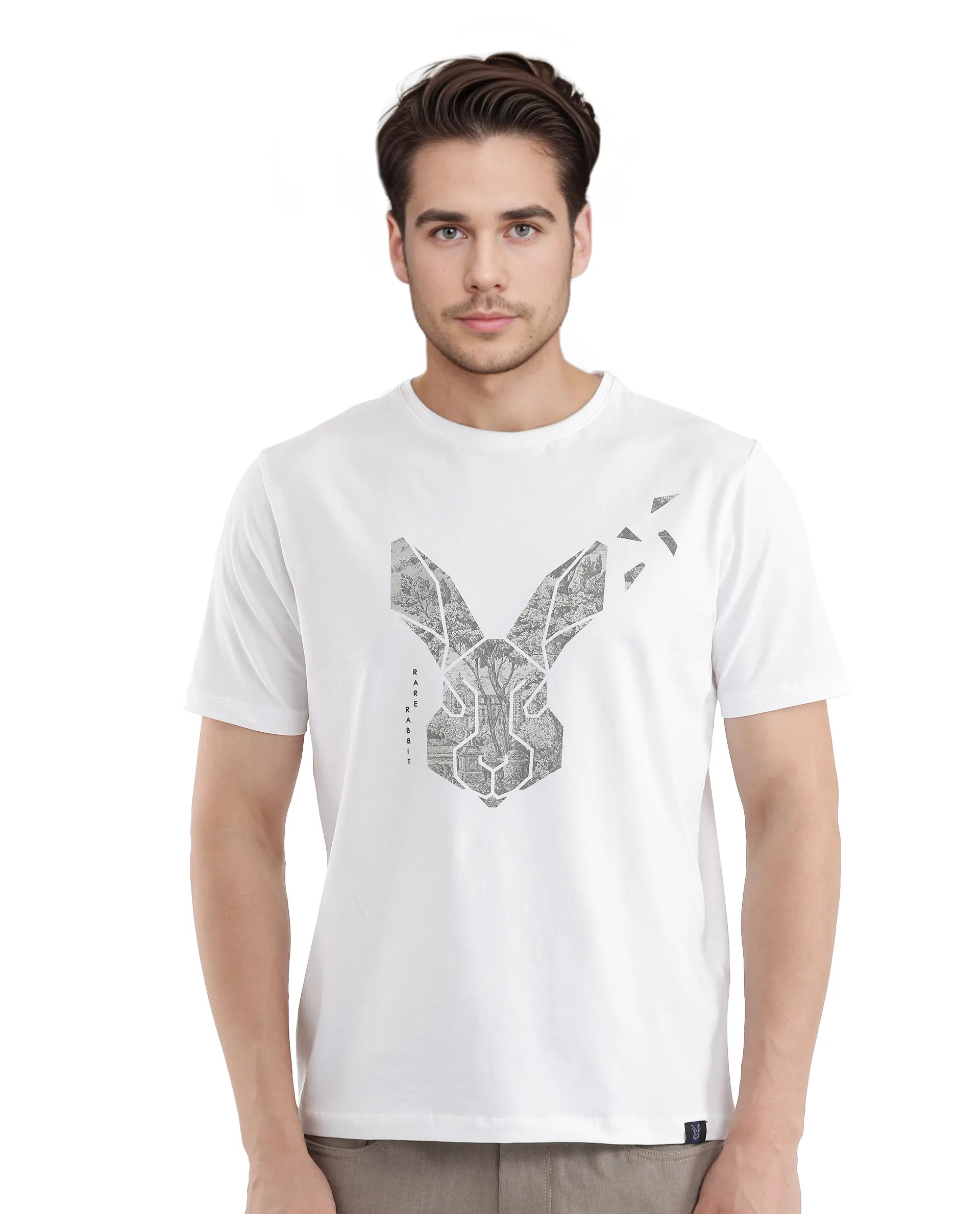 Rare Rabbit Men's Arbor-1 White Cotton Lycra Fabric Short Sleeve Crew Neck Graphic Print T-Shirt