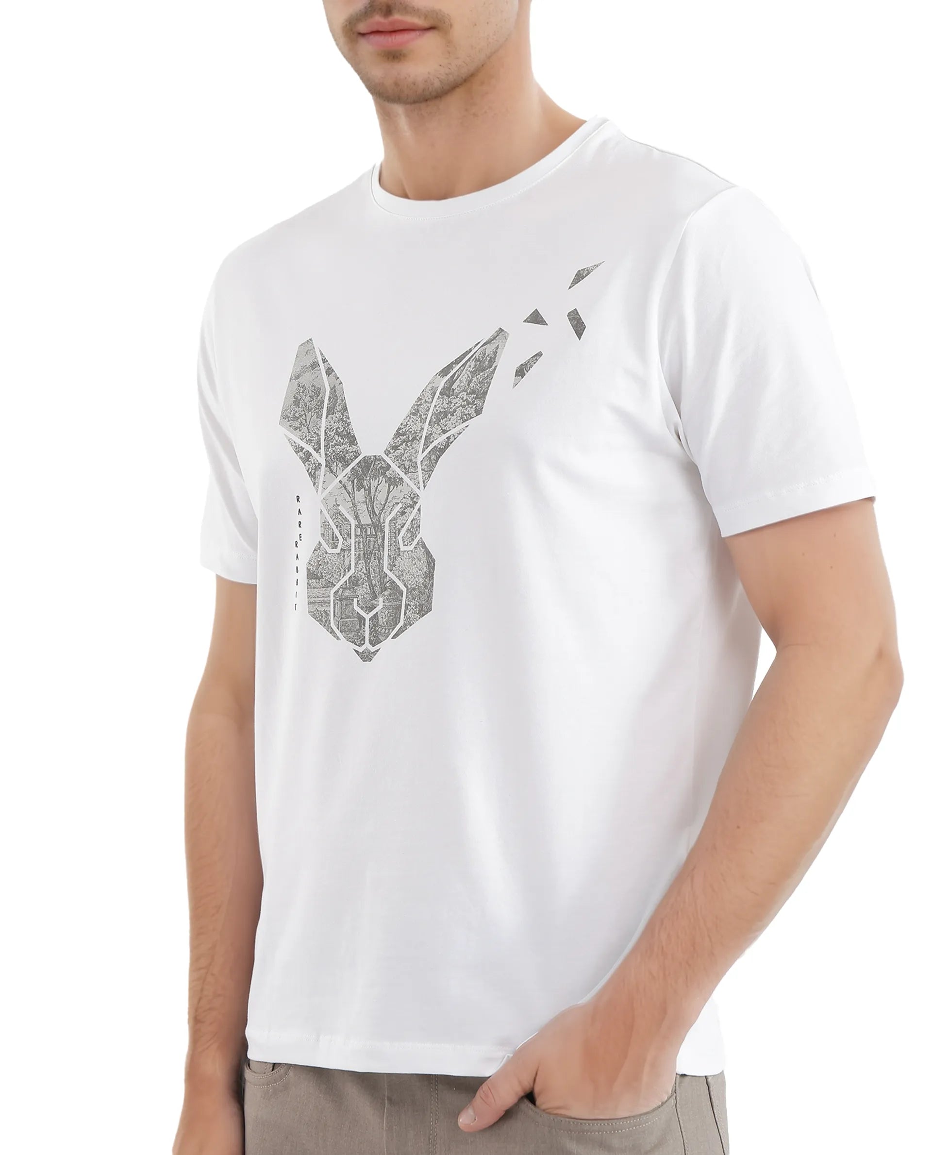 Rare Rabbit Men's Arbor-1 White Cotton Lycra Fabric Short Sleeve Crew Neck Graphic Print T-Shirt