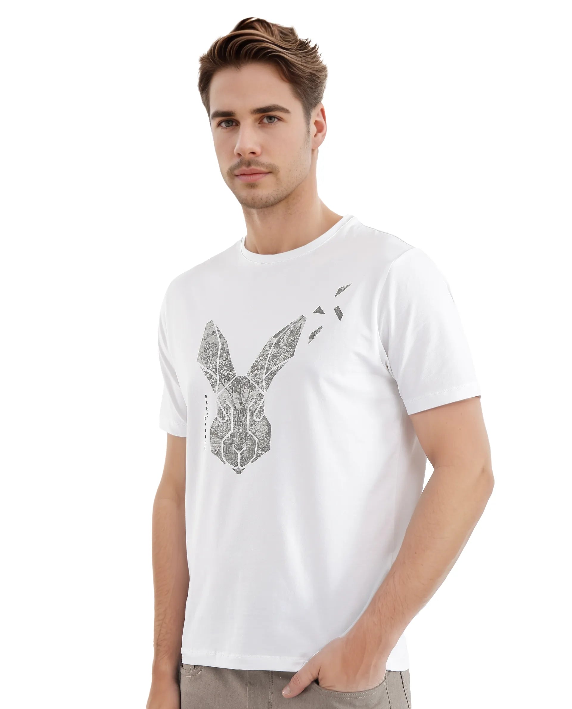 Rare Rabbit Men's Arbor-1 White Cotton Lycra Fabric Short Sleeve Crew Neck Graphic Print T-Shirt