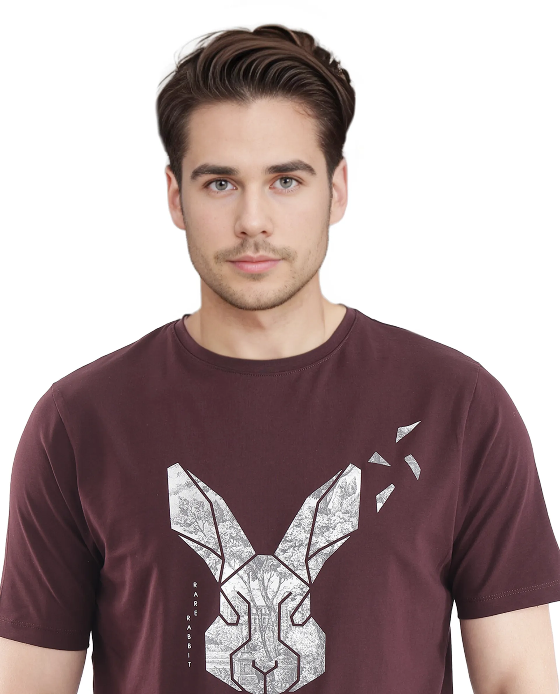 Rare Rabbit Men's Arbor-1 Maroon Cotton Lycra Fabric Short Sleeve Crew Neck Graphic Print T-Shirt