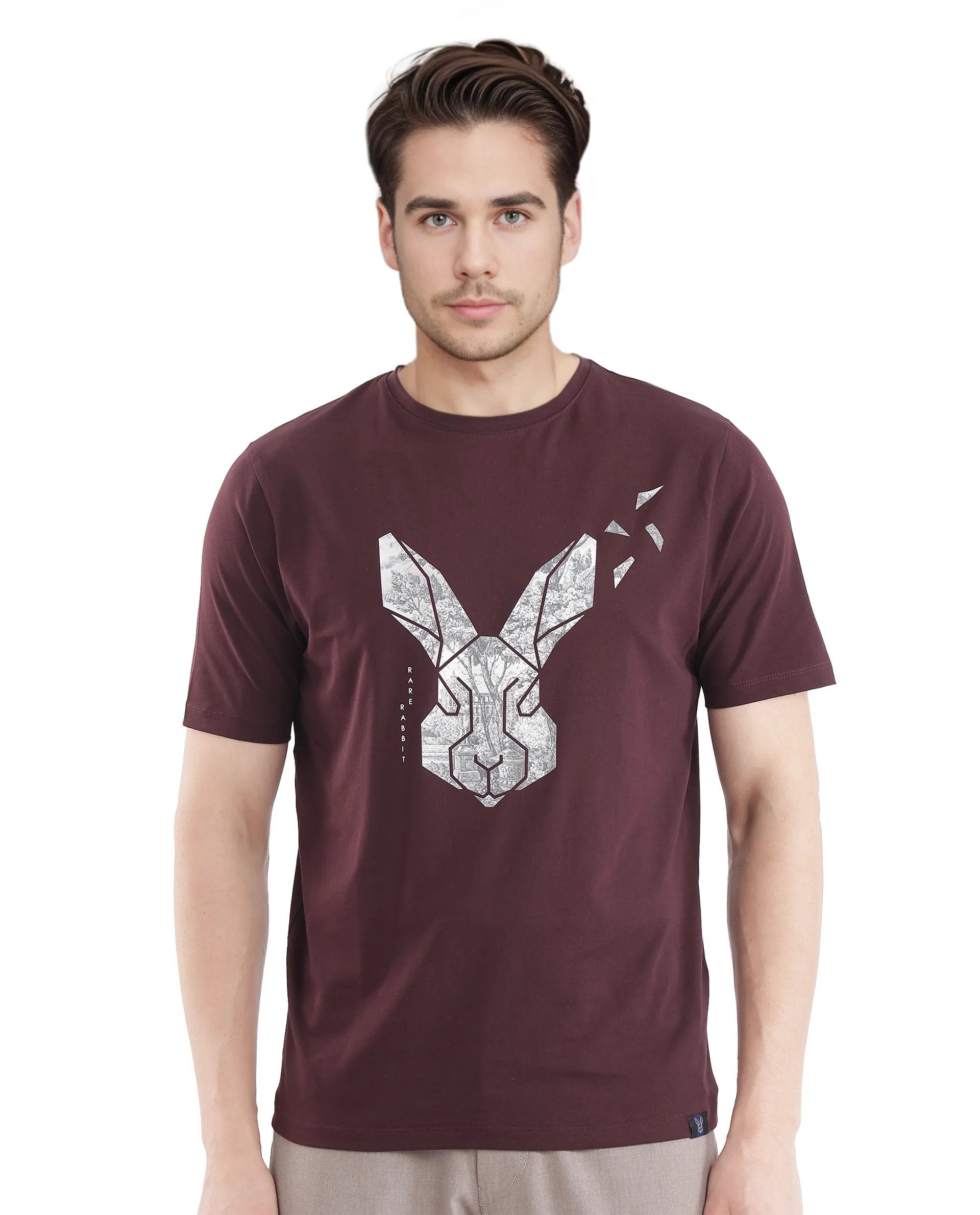 Rare Rabbit Men's Arbor-1 Maroon Cotton Lycra Fabric Short Sleeve Crew Neck Graphic Print T-Shirt
