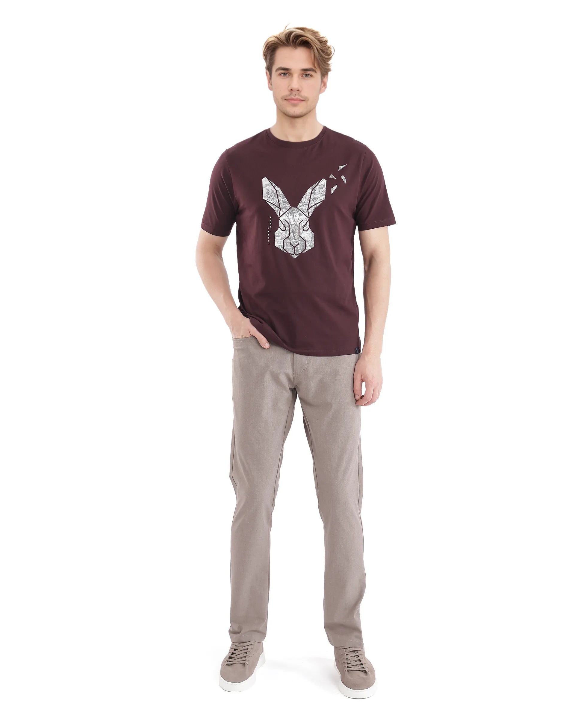 Rare Rabbit Men's Arbor-1 Maroon Cotton Lycra Fabric Short Sleeve Crew Neck Graphic Print T-Shirt