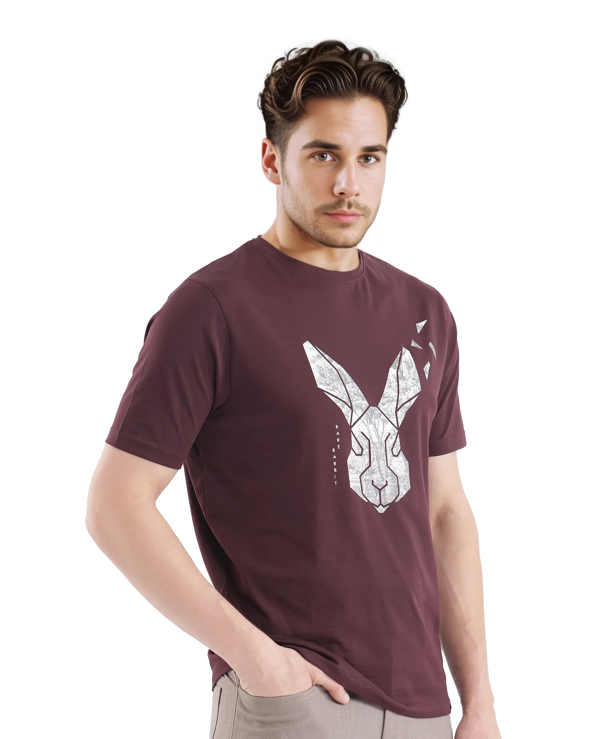 Rare Rabbit Men's Arbor-1 Maroon Cotton Lycra Fabric Short Sleeve Crew Neck Graphic Print T-Shirt
