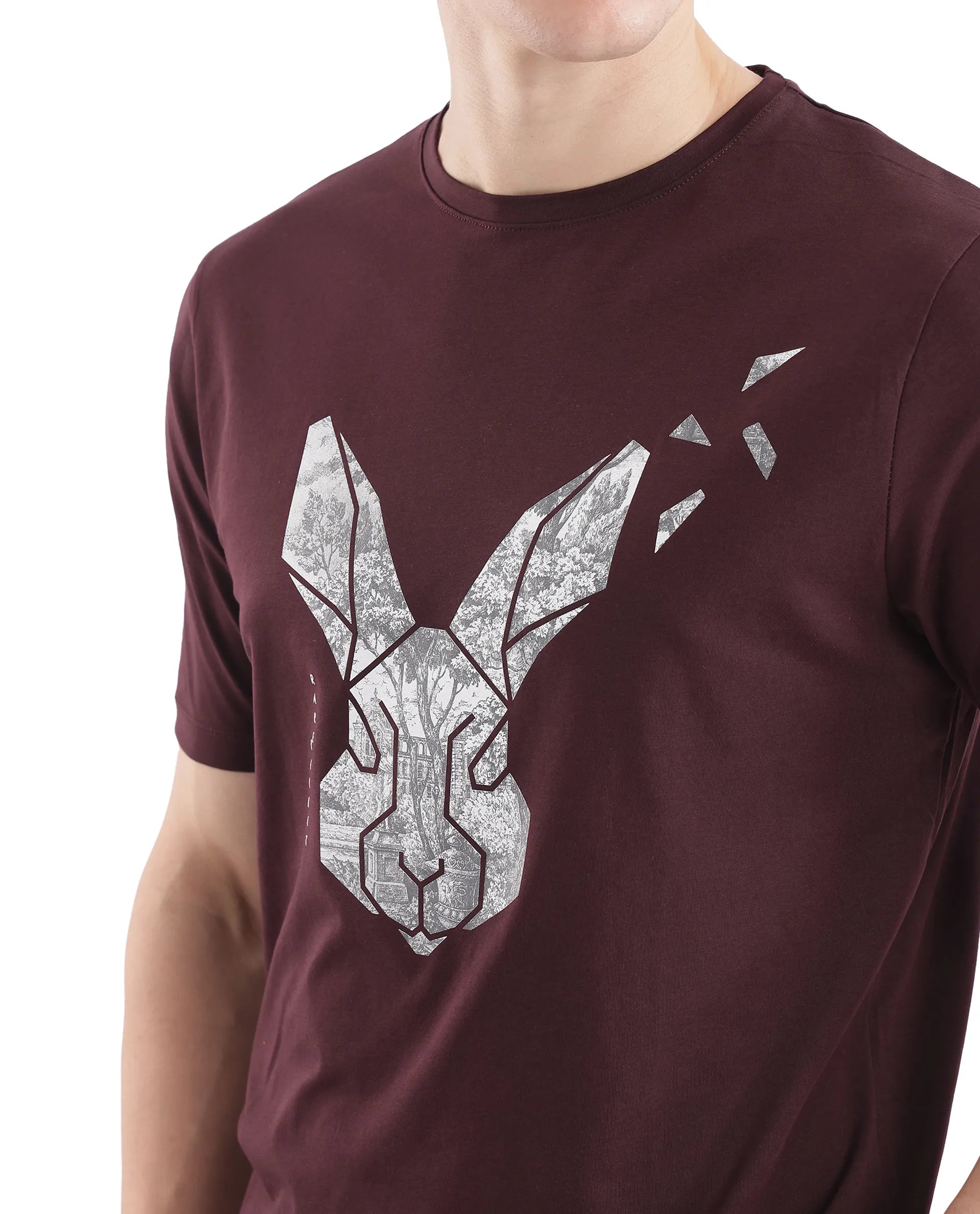 Rare Rabbit Men's Arbor-1 Maroon Cotton Lycra Fabric Short Sleeve Crew Neck Graphic Print T-Shirt