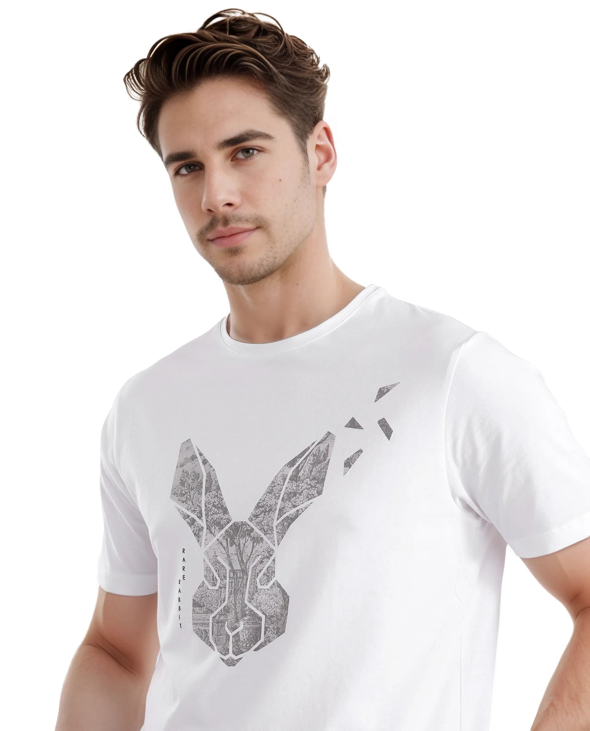 Rare Rabbit Men's Arbor-1 White Cotton Lycra Fabric Short Sleeve Crew Neck Graphic Print T-Shirt