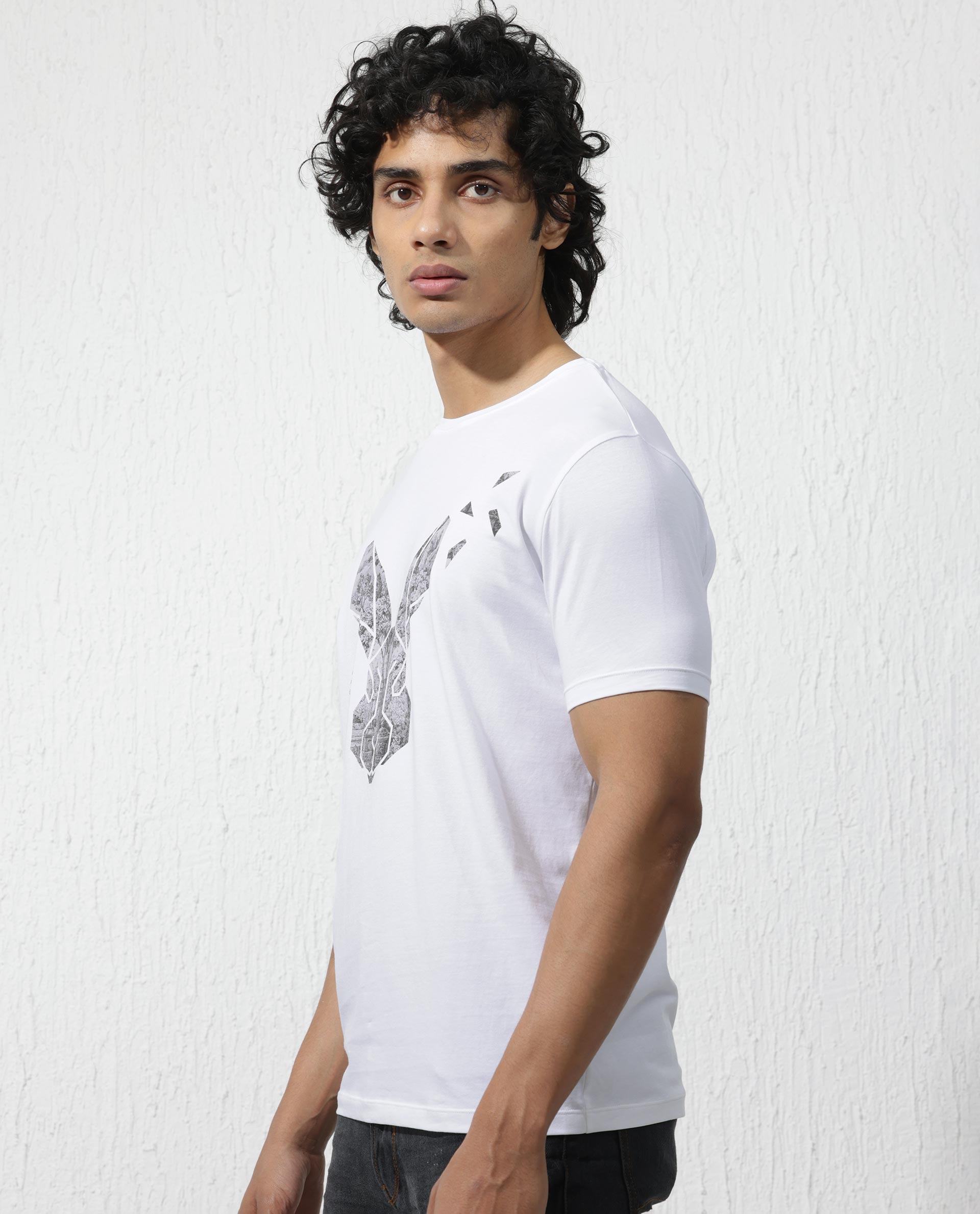 Rare Rabbit Men's Arbor White Cotton Lycra Fabric Half Sleeves Graphic Logo Print T-Shirt