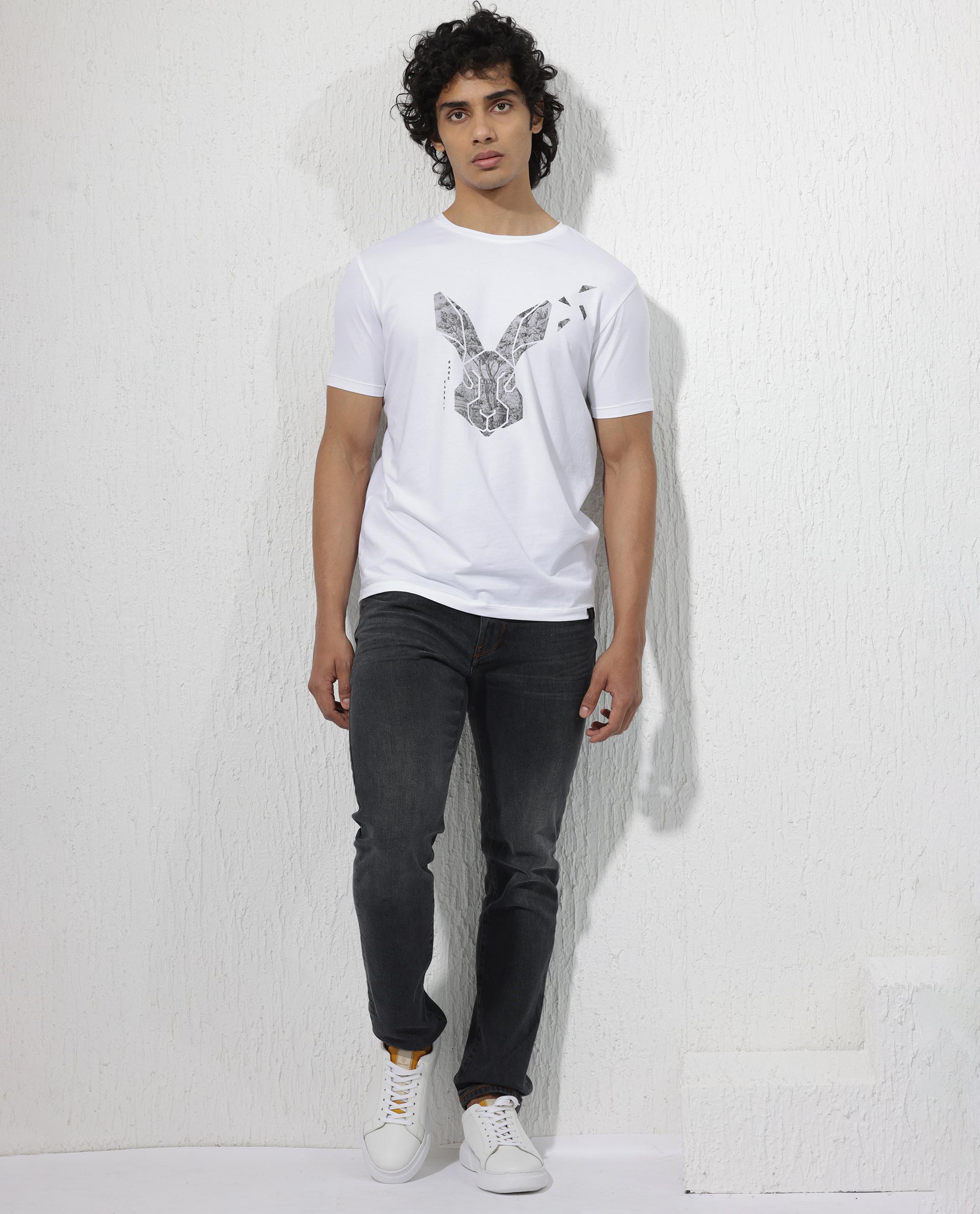 Rare Rabbit Men's Arbor White Cotton Lycra Fabric Half Sleeves Graphic Logo Print T-Shirt