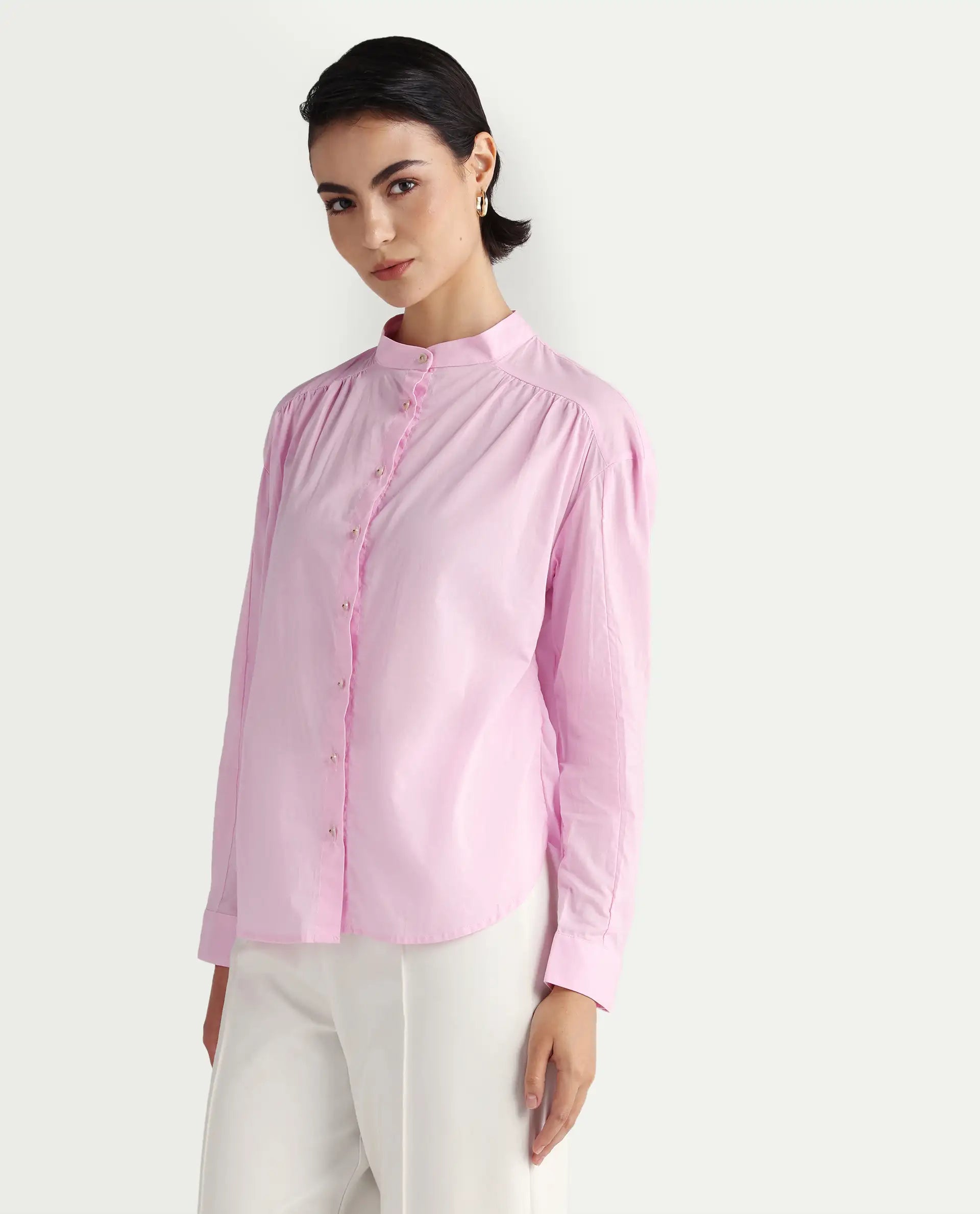 Rareism Women's Arbour Purple Cotton Band Collar Plain Regular Fit Shirt