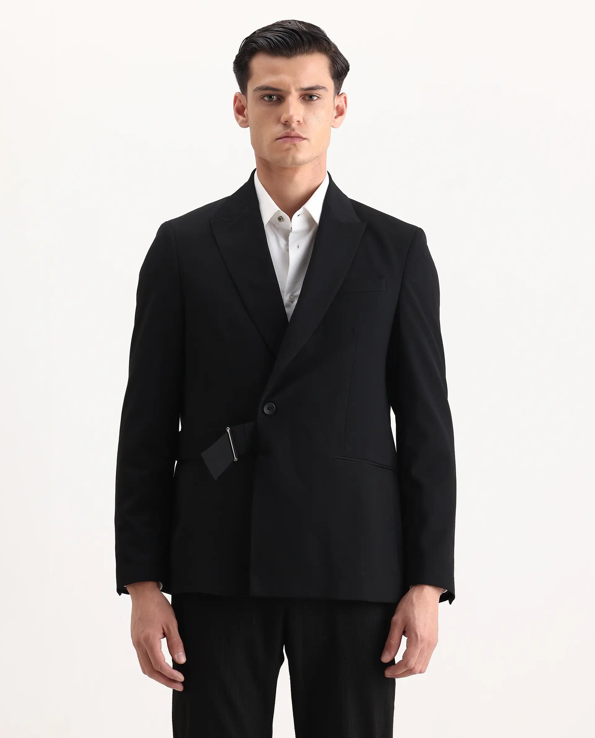 Rare Rabbit Men's Arcade Black Polyester Blend Fabric Full Sleeve Lapel Neck Plain Blazer