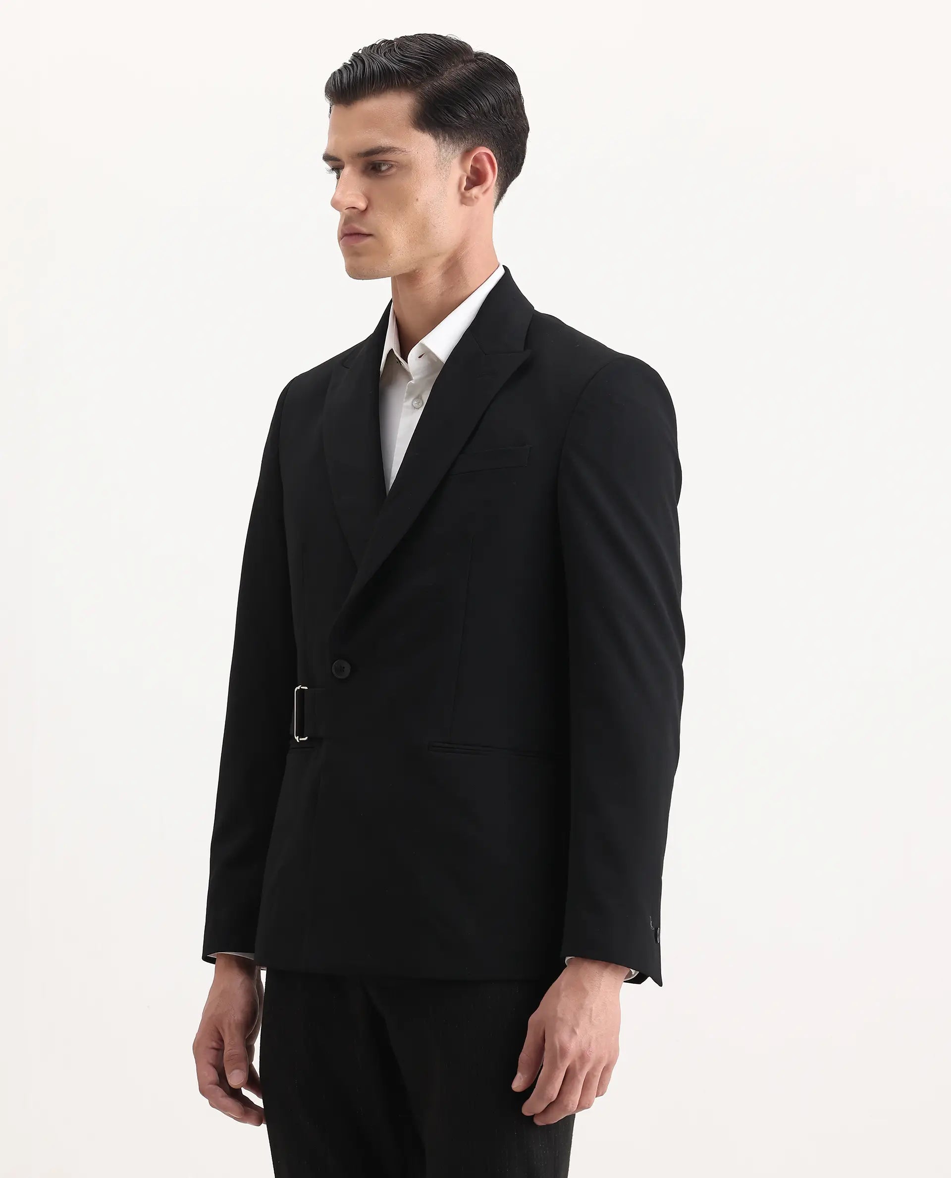 Rare Rabbit Men's Arcade Black Polyester Blend Fabric Full Sleeve Lapel Neck Plain Blazer