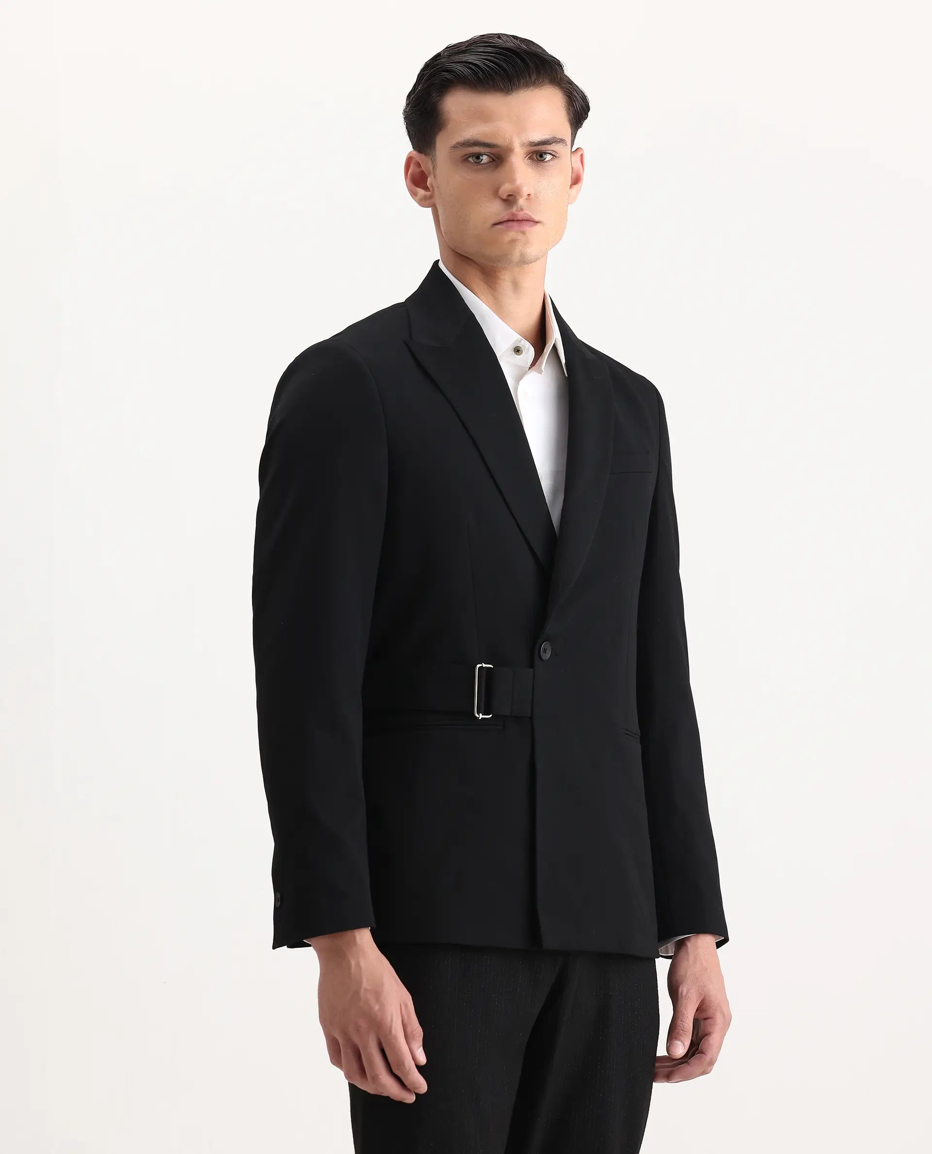 Rare Rabbit Men's Arcade Black Polyester Blend Fabric Full Sleeve Lapel Neck Plain Blazer