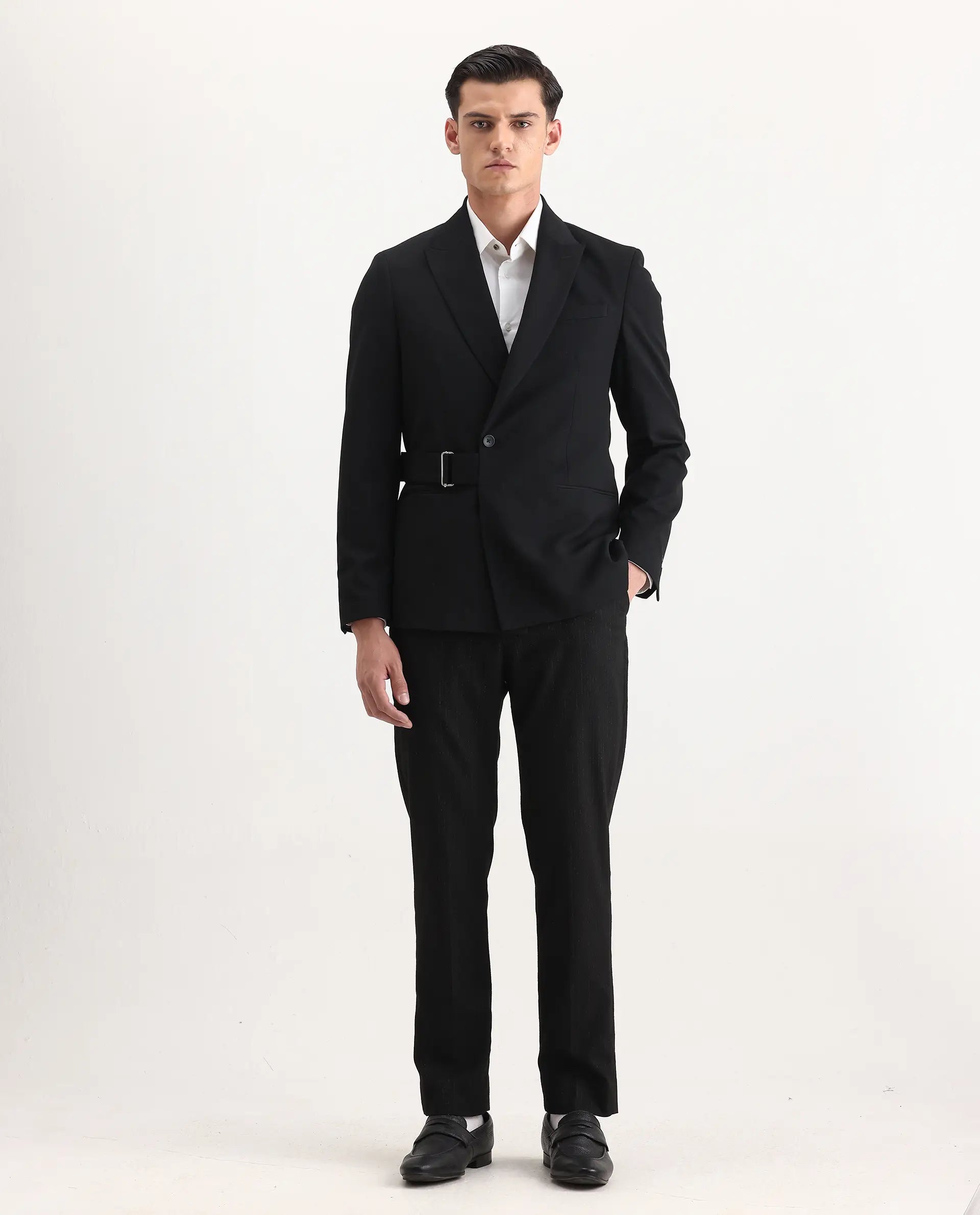 Rare Rabbit Men's Arcade Black Polyester Blend Fabric Full Sleeve Lapel Neck Plain Blazer