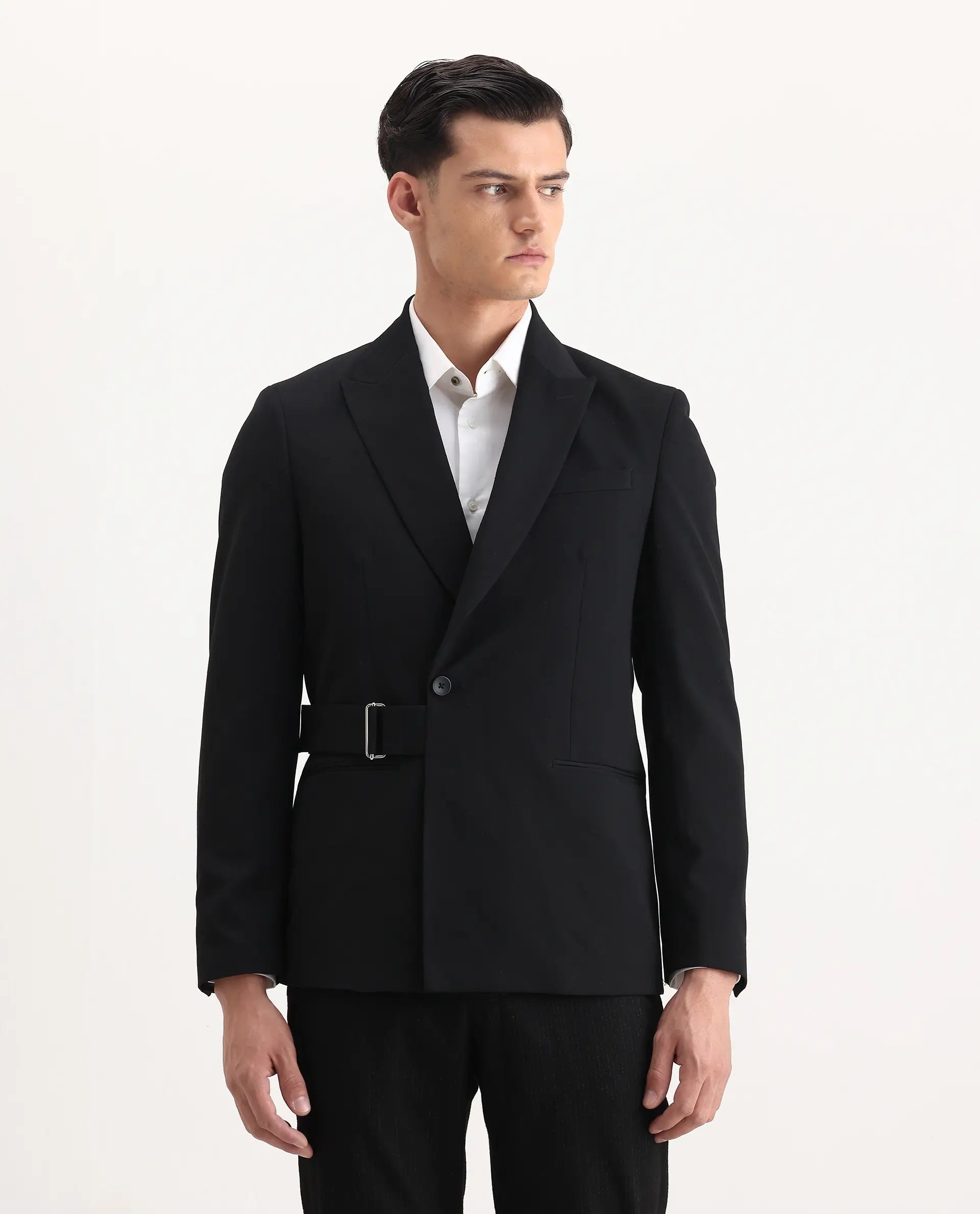 Rare Rabbit Men's Arcade Black Polyester Blend Fabric Full Sleeve Lapel Neck Plain Blazer