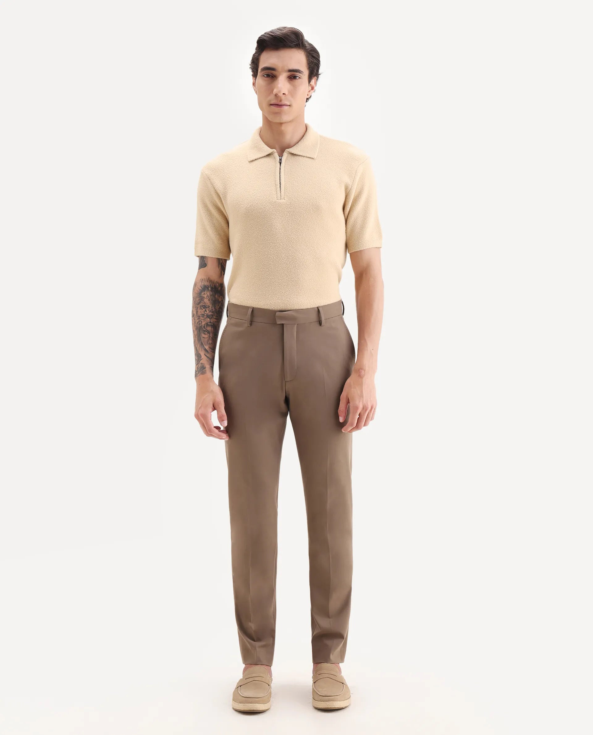 Rare Rabbit Men Arcade Beige Polyester Fabric Hook And Zipper Closure Regular Fit Plain Trouser