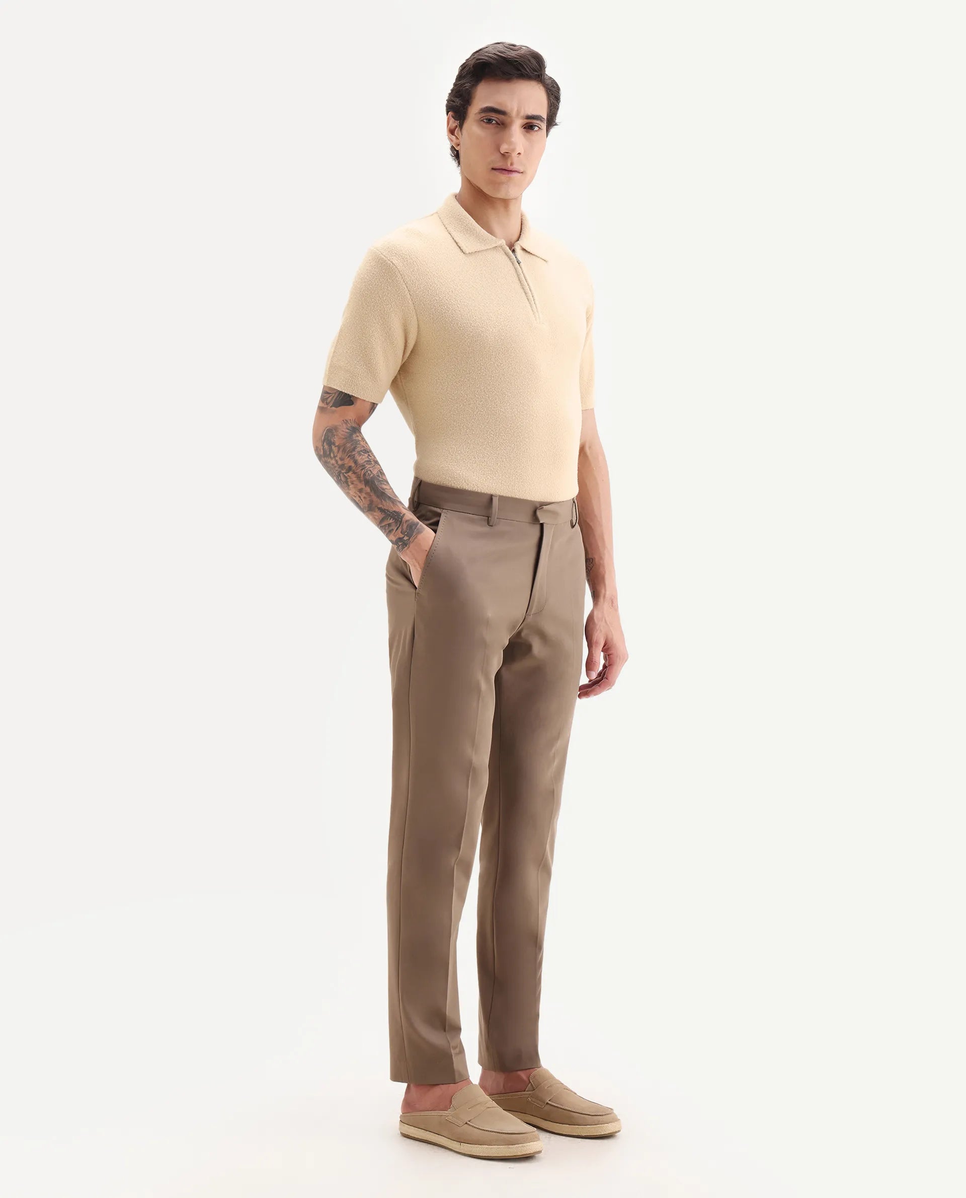 Rare Rabbit Men Arcade Beige Polyester Fabric Hook And Zipper Closure Regular Fit Plain Trouser