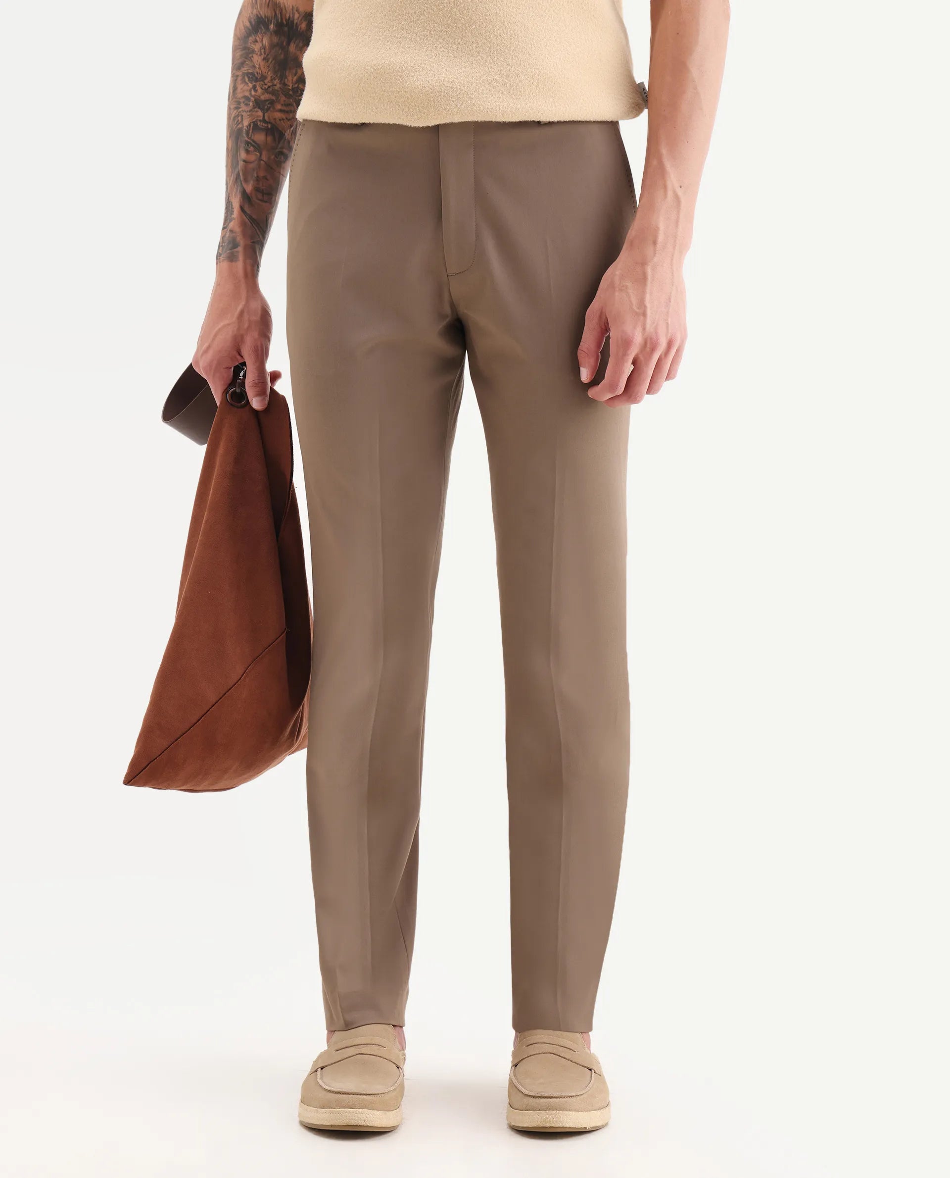 Rare Rabbit Men Arcade Beige Polyester Fabric Hook And Zipper Closure Regular Fit Plain Trouser