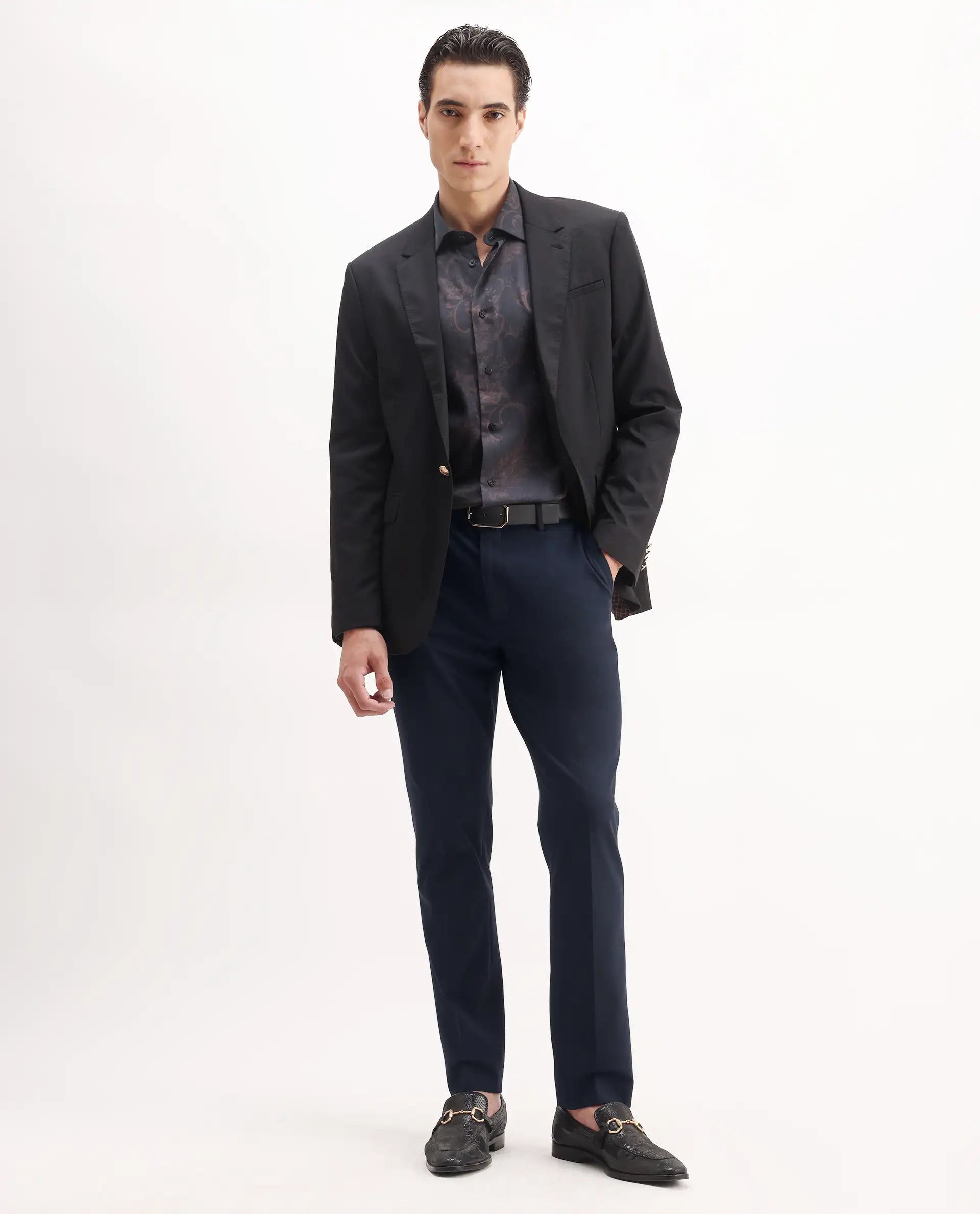 Rare Rabbit Men's Arcade Dark Navy Polyester Plain Regular Fit Trouser