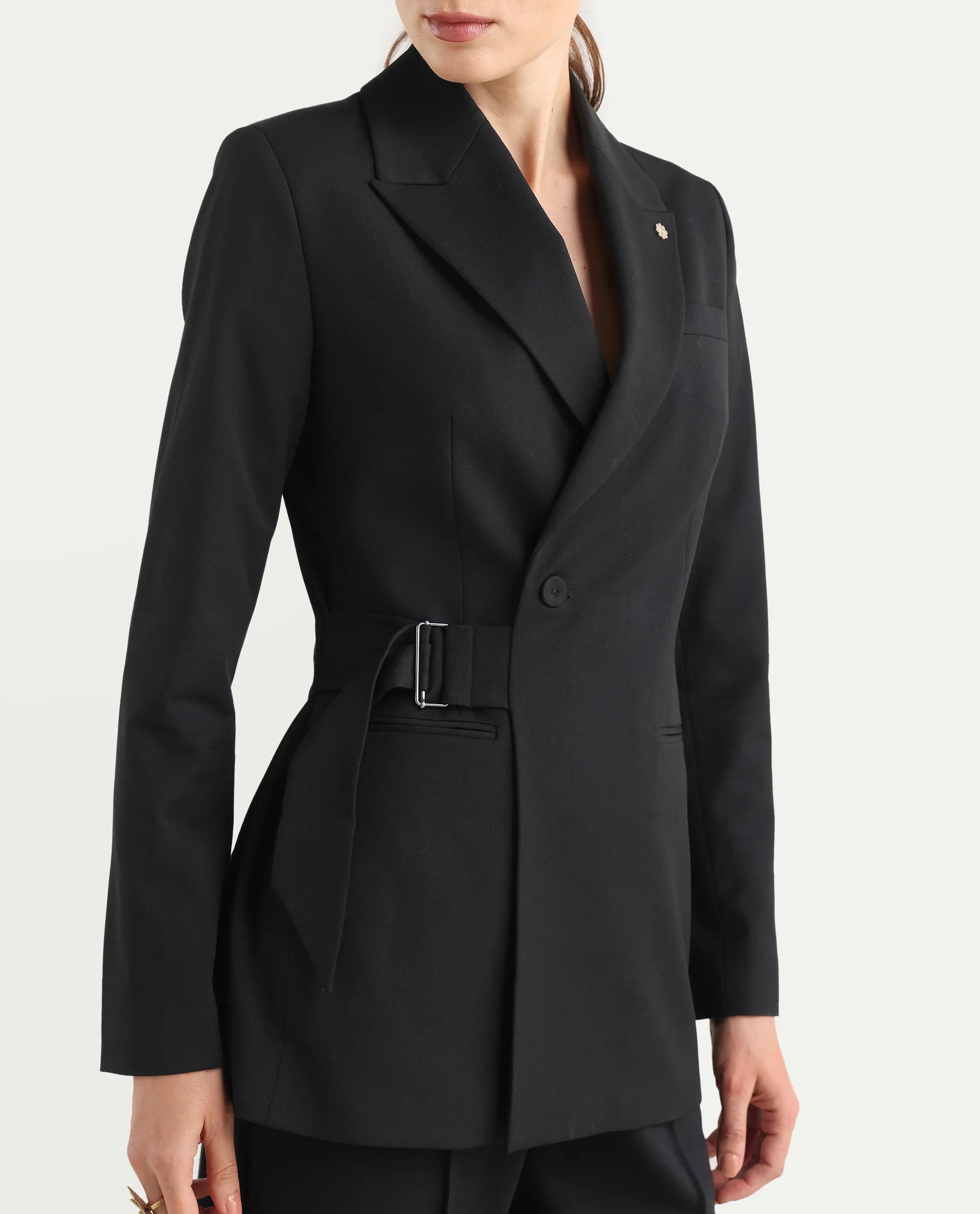 Rareism Women's Arcadia-T Black Polyester Blend Full Sleeve Lapel Collar Plain Blazer