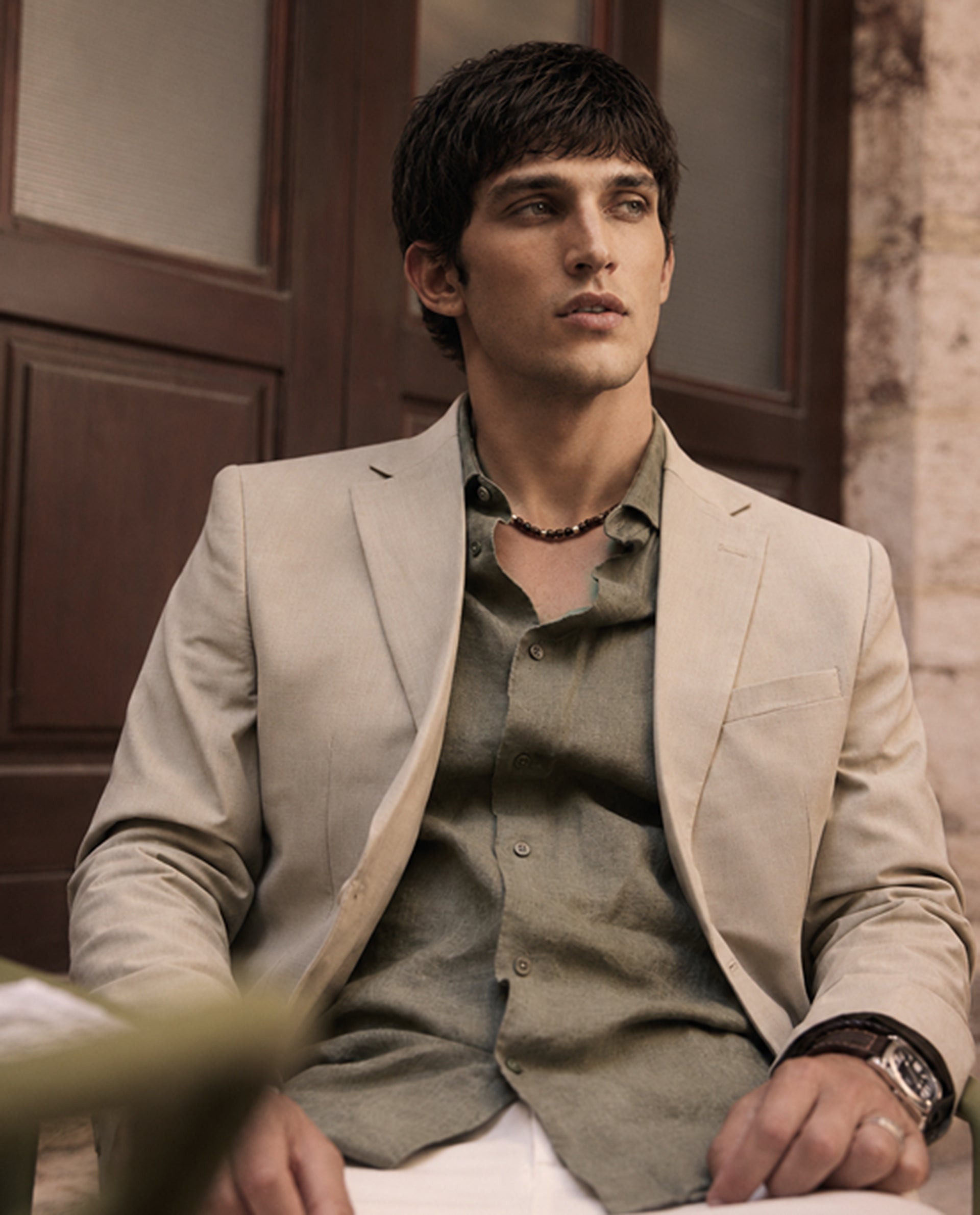 Rare Rabbit Men's Arca Pastel Beige Polyester Blend Fabric Full Sleeve Lapel Collar Regular Plain Blazer
