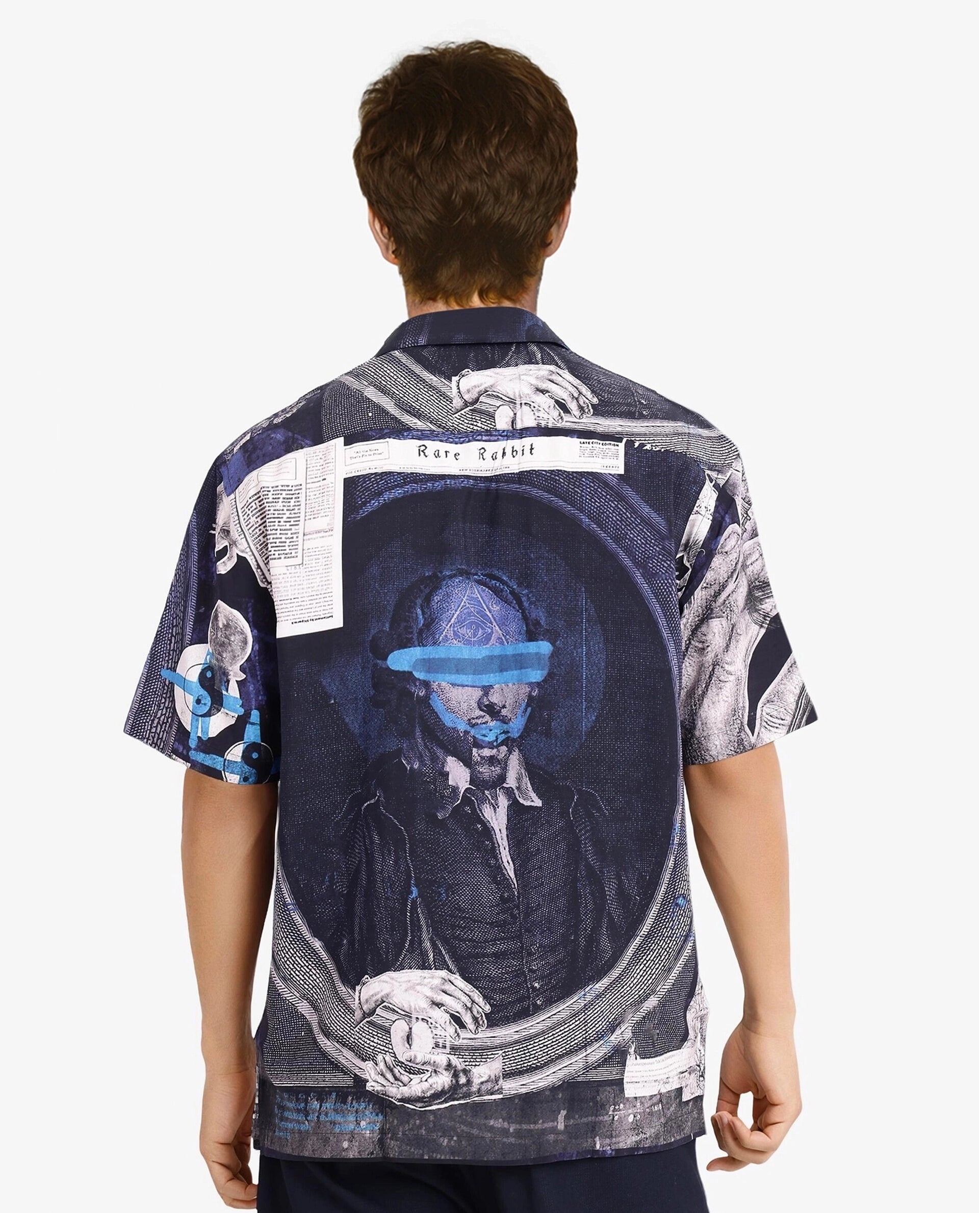 Rare Rabbit Men's Arc Black Viscose Fabric Cuban Collar Boxy Fit Abstract Placement Print Shirt