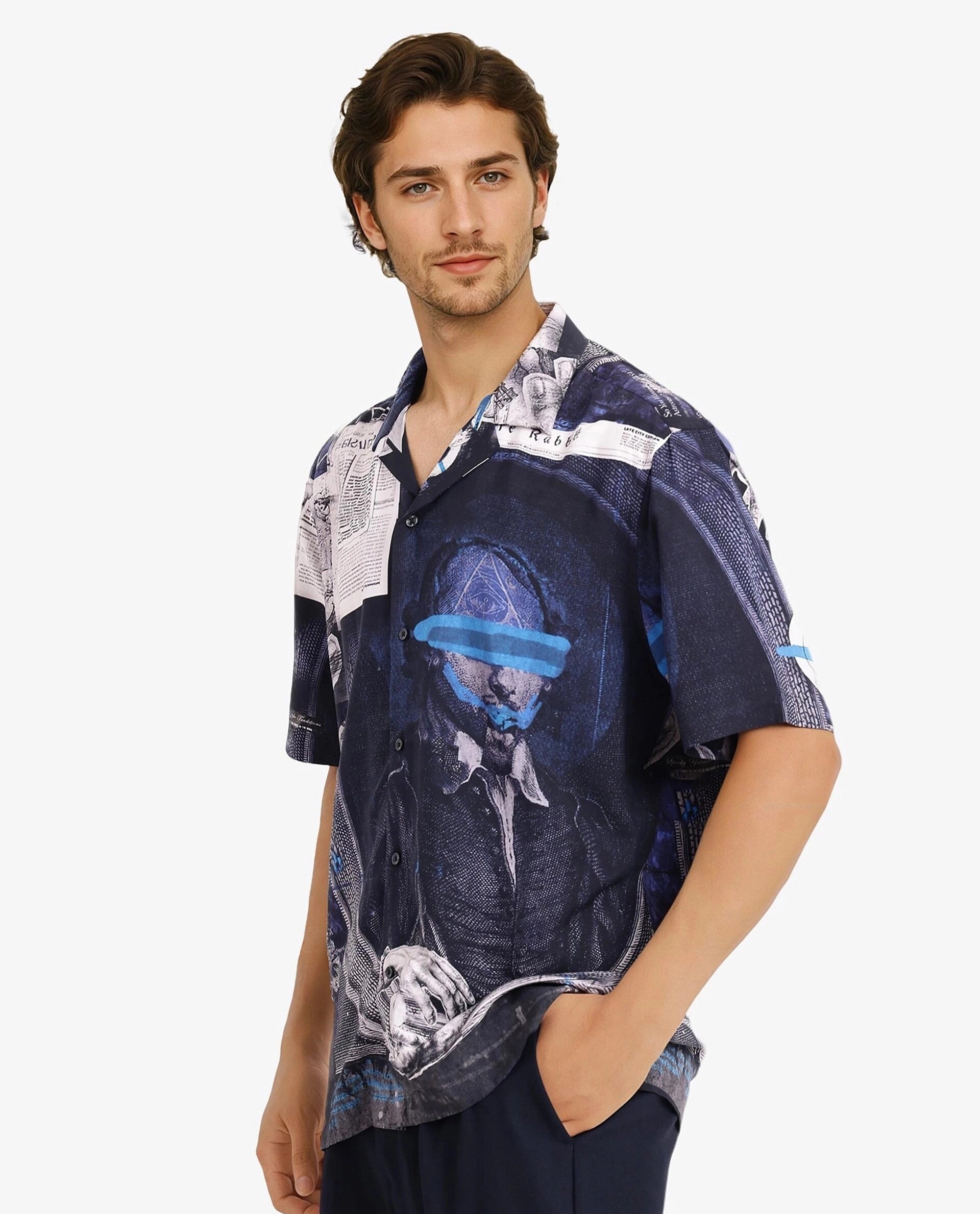 Rare Rabbit Men's Arc Black Viscose Fabric Cuban Collar Boxy Fit Abstract Placement Print Shirt