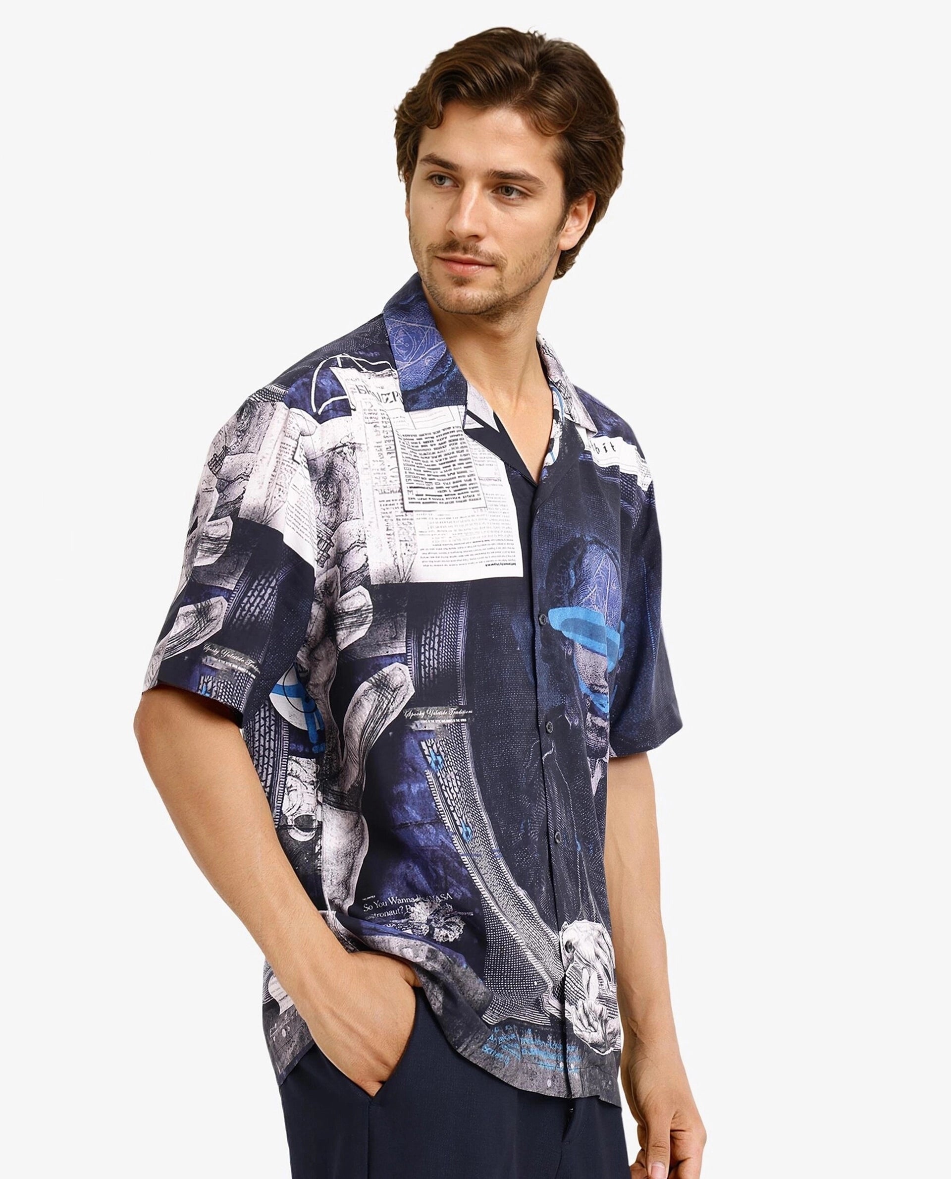 Rare Rabbit Men's Arc Black Viscose Fabric Cuban Collar Boxy Fit Abstract Placement Print Shirt