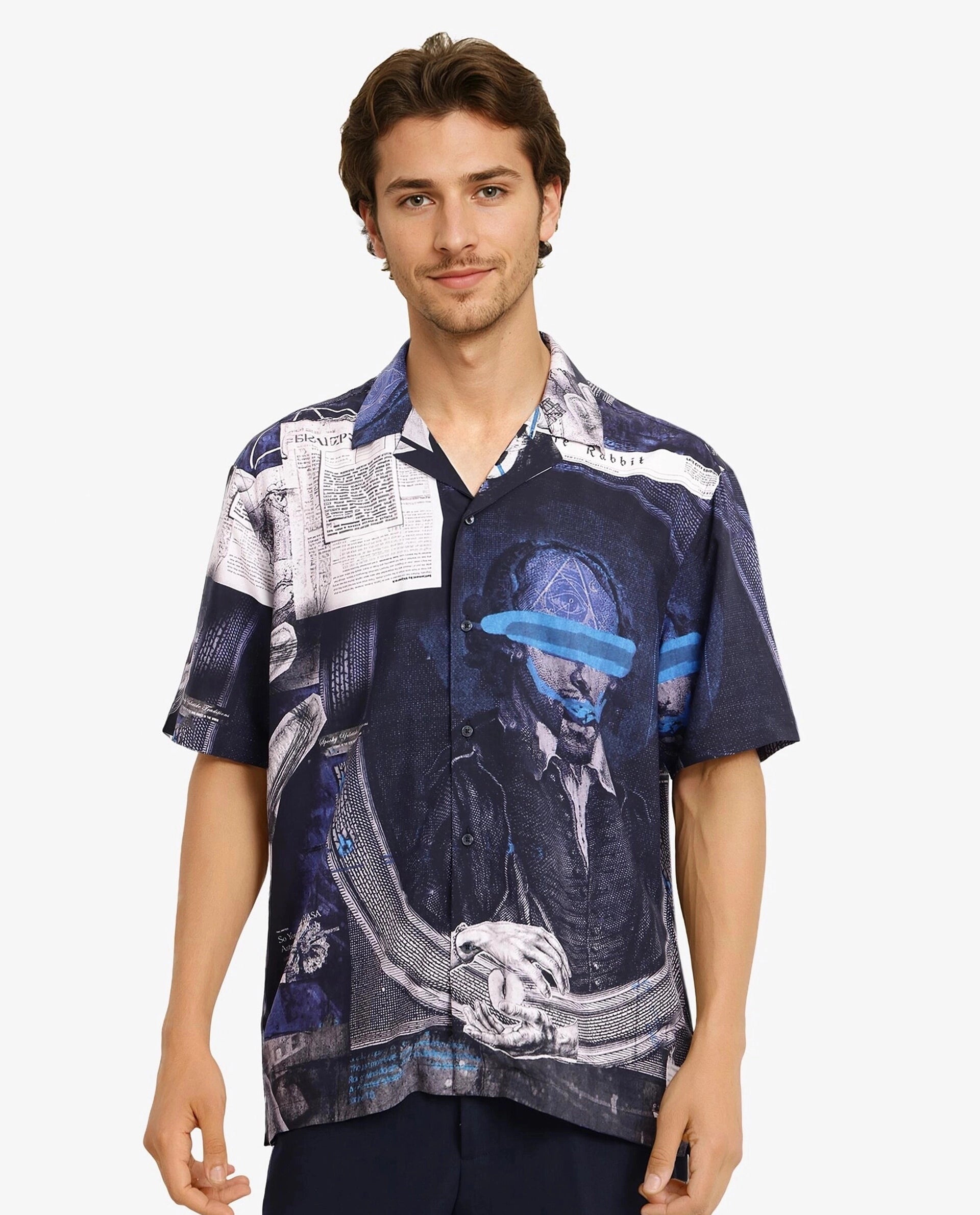 Rare Rabbit Men's Arc Black Viscose Fabric Cuban Collar Boxy Fit Abstract Placement Print Shirt