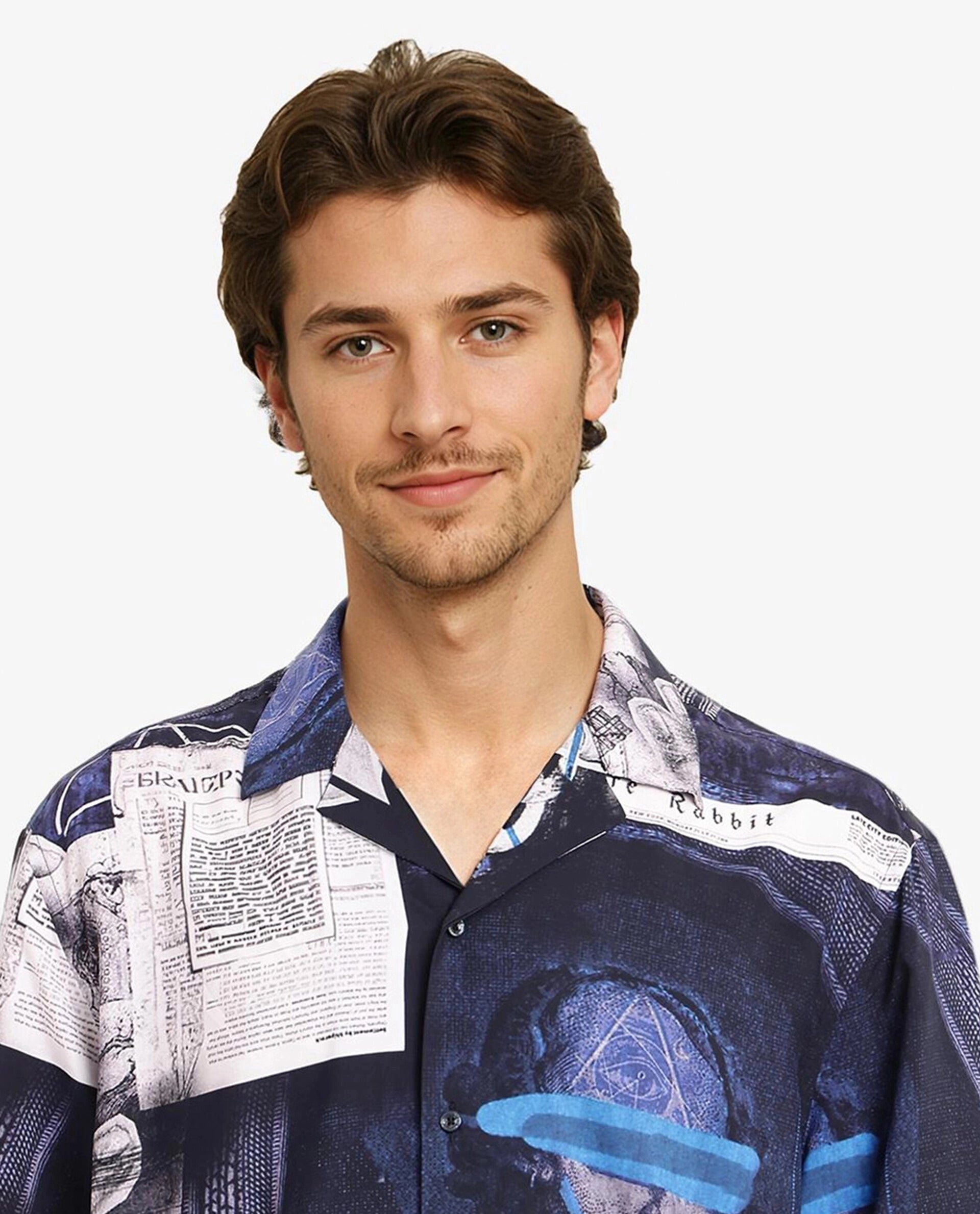 Rare Rabbit Men's Arc Black Viscose Fabric Cuban Collar Boxy Fit Abstract Placement Print Shirt