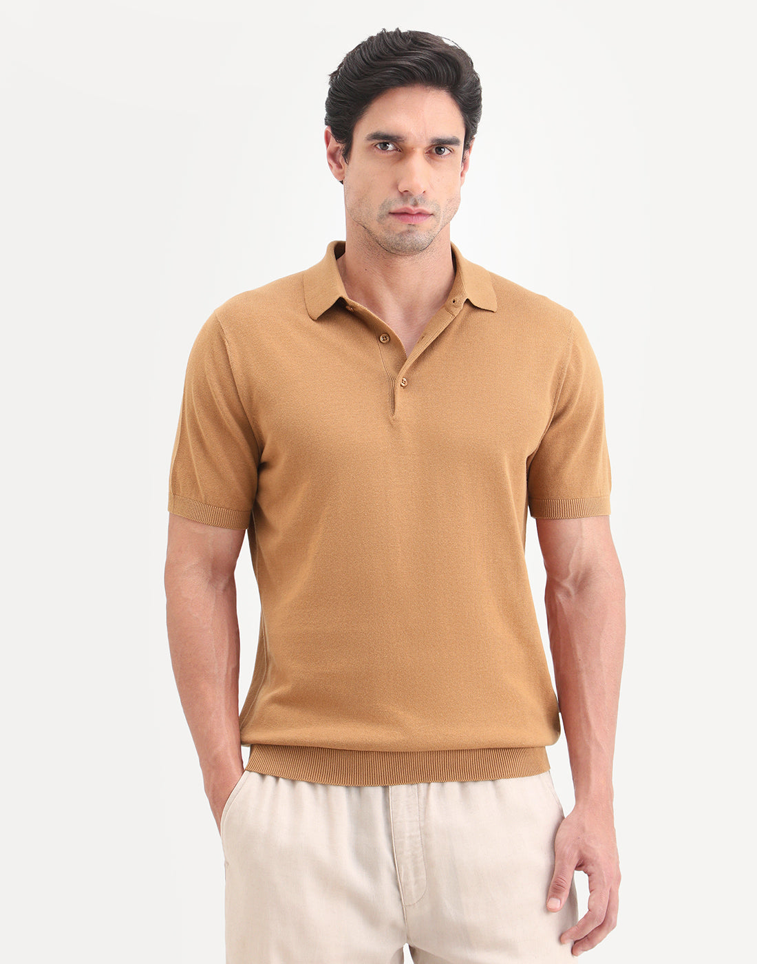 Rare Rabbit Men's Arc Dusky Orange Cotton Fabric Half Sleeve Spread Collar Regular Plain Polo