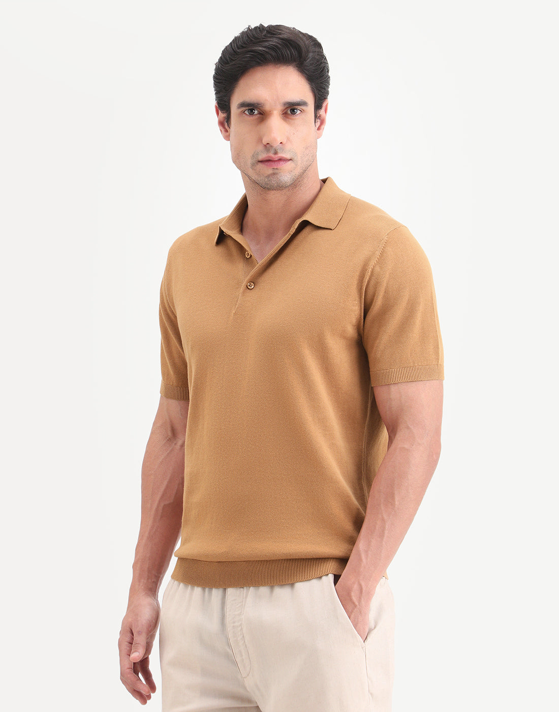 Rare Rabbit Men's Arc Dusky Orange Cotton Fabric Half Sleeve Spread Collar Regular Plain Polo