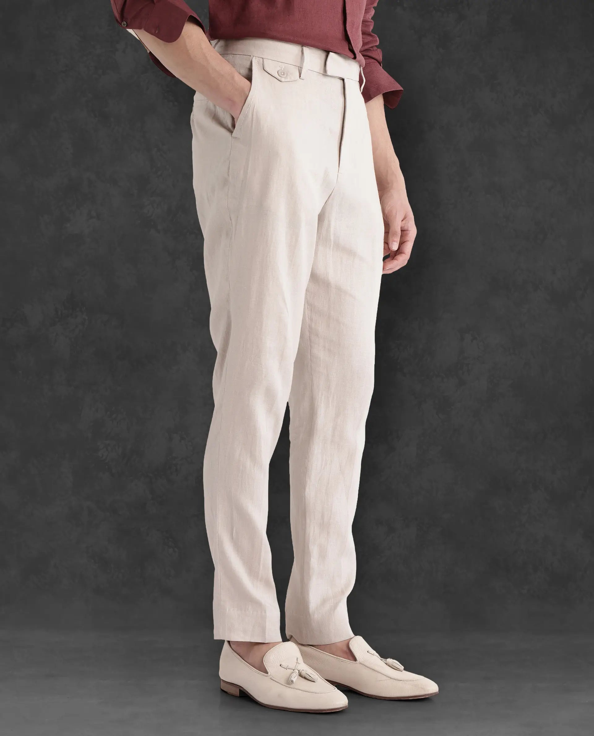 Rare Rabbit Men Arcelo-2 Beige Linen Mid Rise Regular Fit Solid Trousers