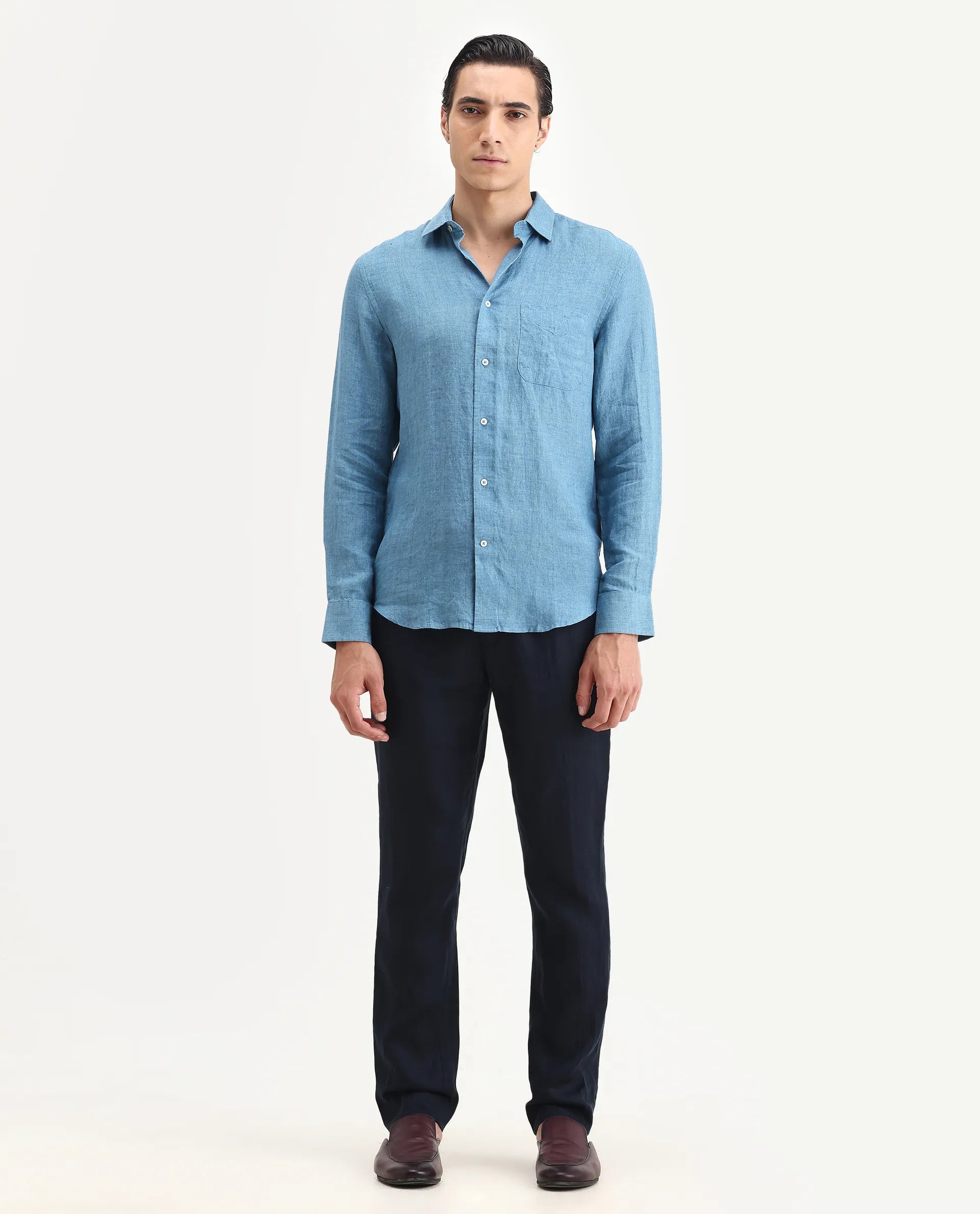 Rare Rabbit Men's Arcelo-2 Navy Linen Plain Regular Fit Trouser