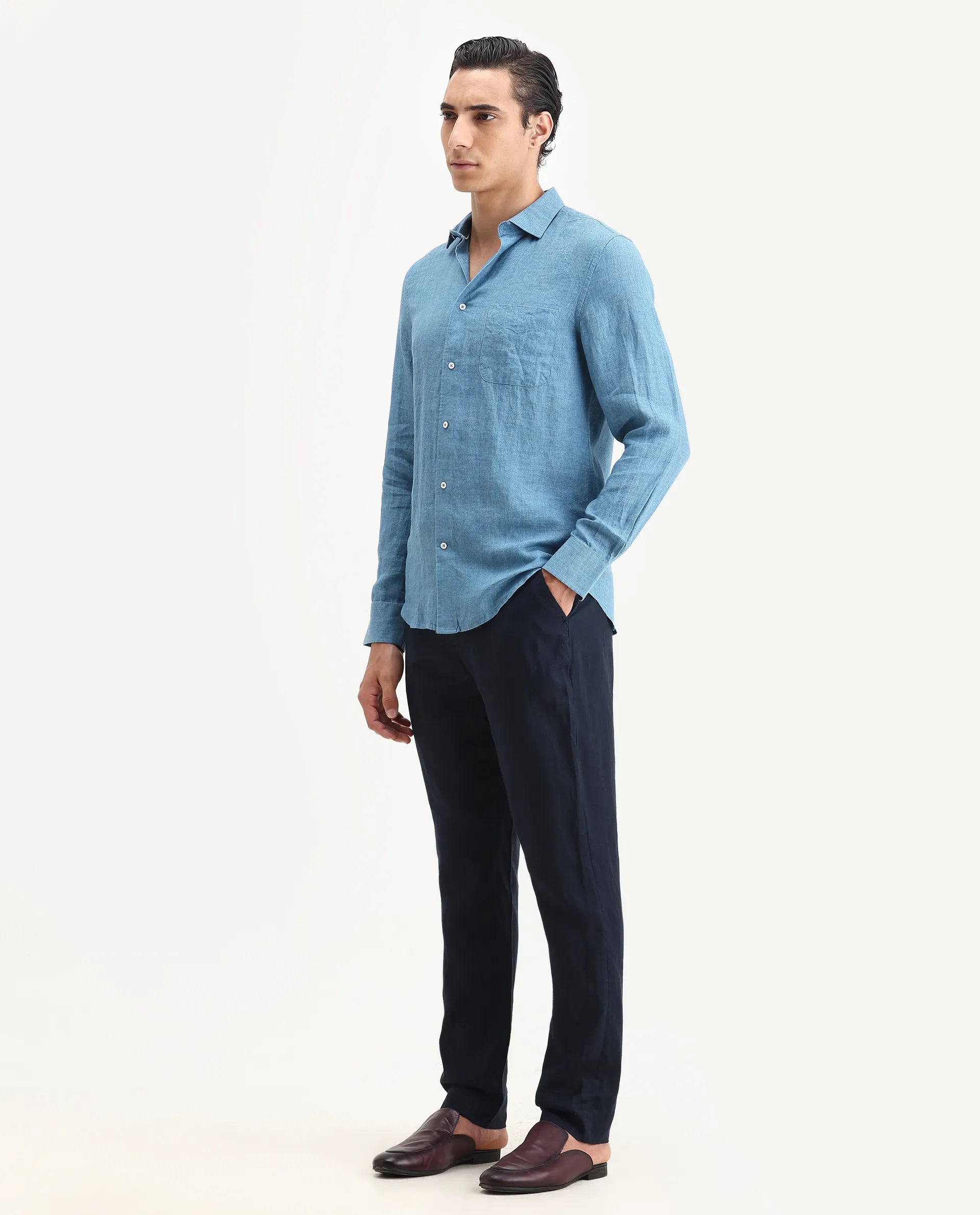 Rare Rabbit Men's Arcelo-2 Navy Linen Plain Regular Fit Trouser