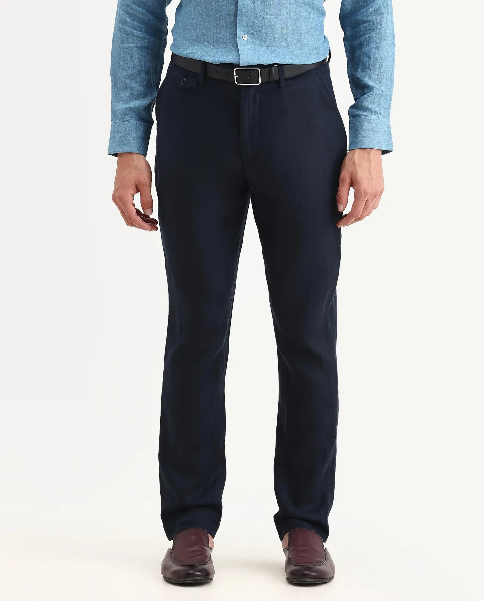 Rare Rabbit Men's Arcelo-2 Navy Linen Plain Regular Fit Trouser
