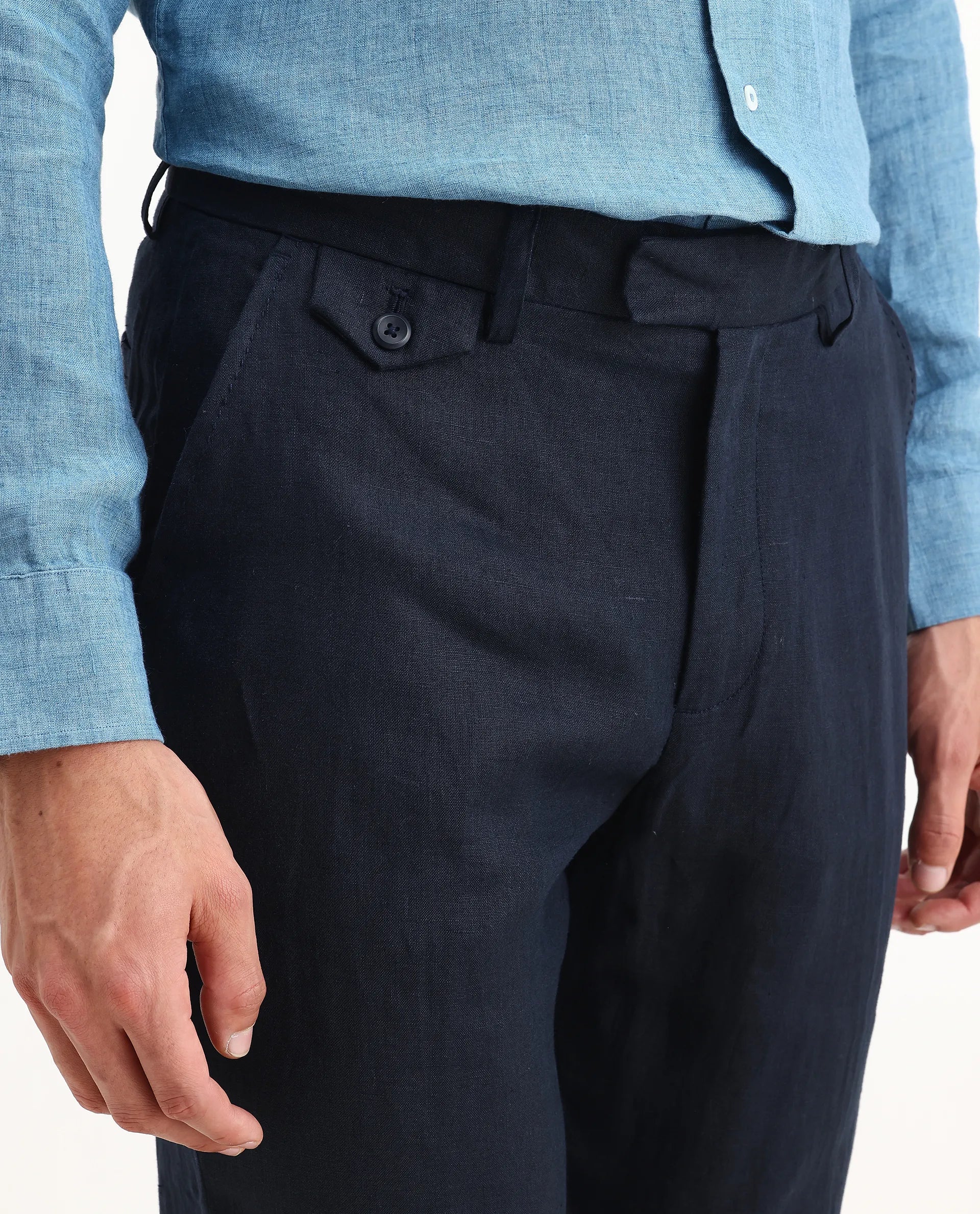 Rare Rabbit Men's Arcelo-2 Navy Linen Plain Regular Fit Trouser