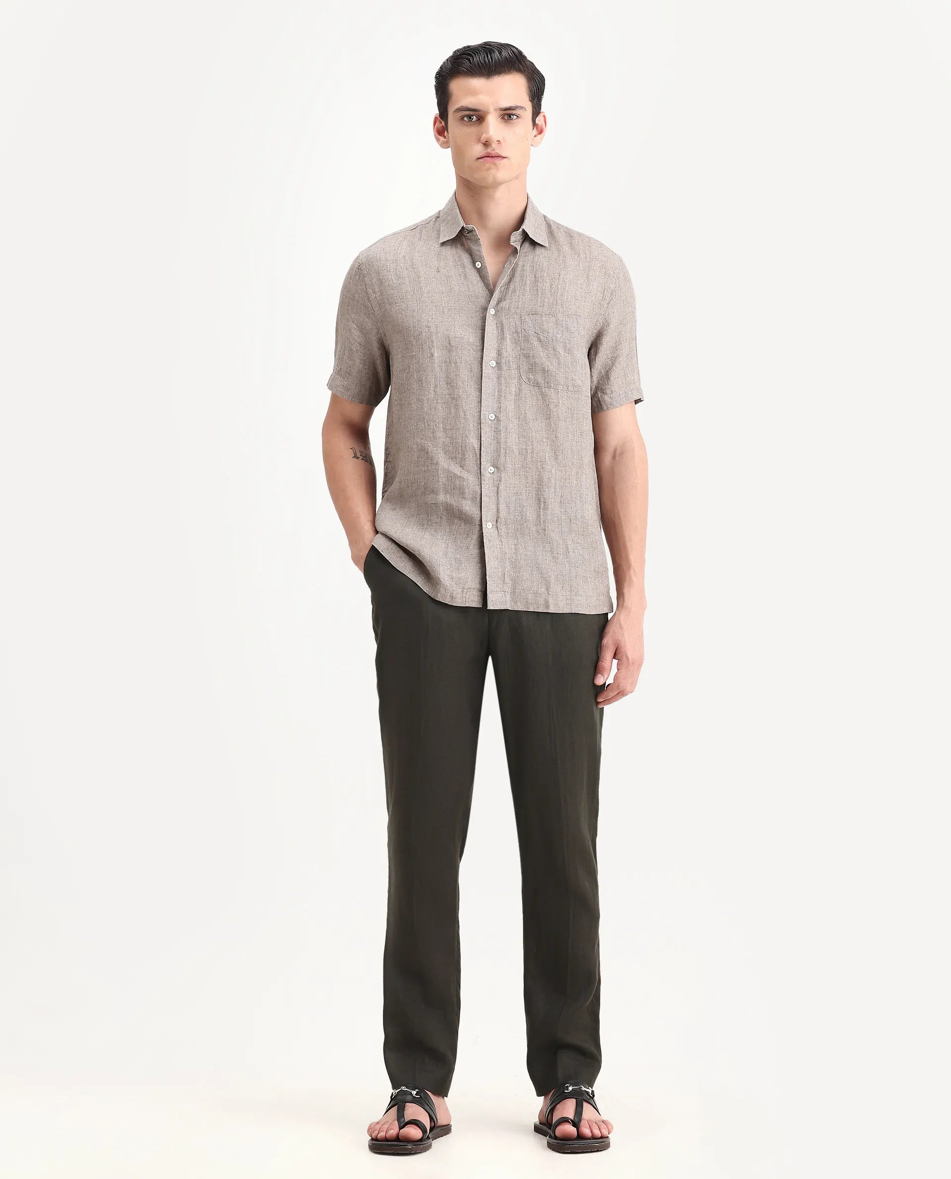 Rare Rabbit Men's Arcelo-2 Olive 100% Linen Plain Regular Fit Trouser