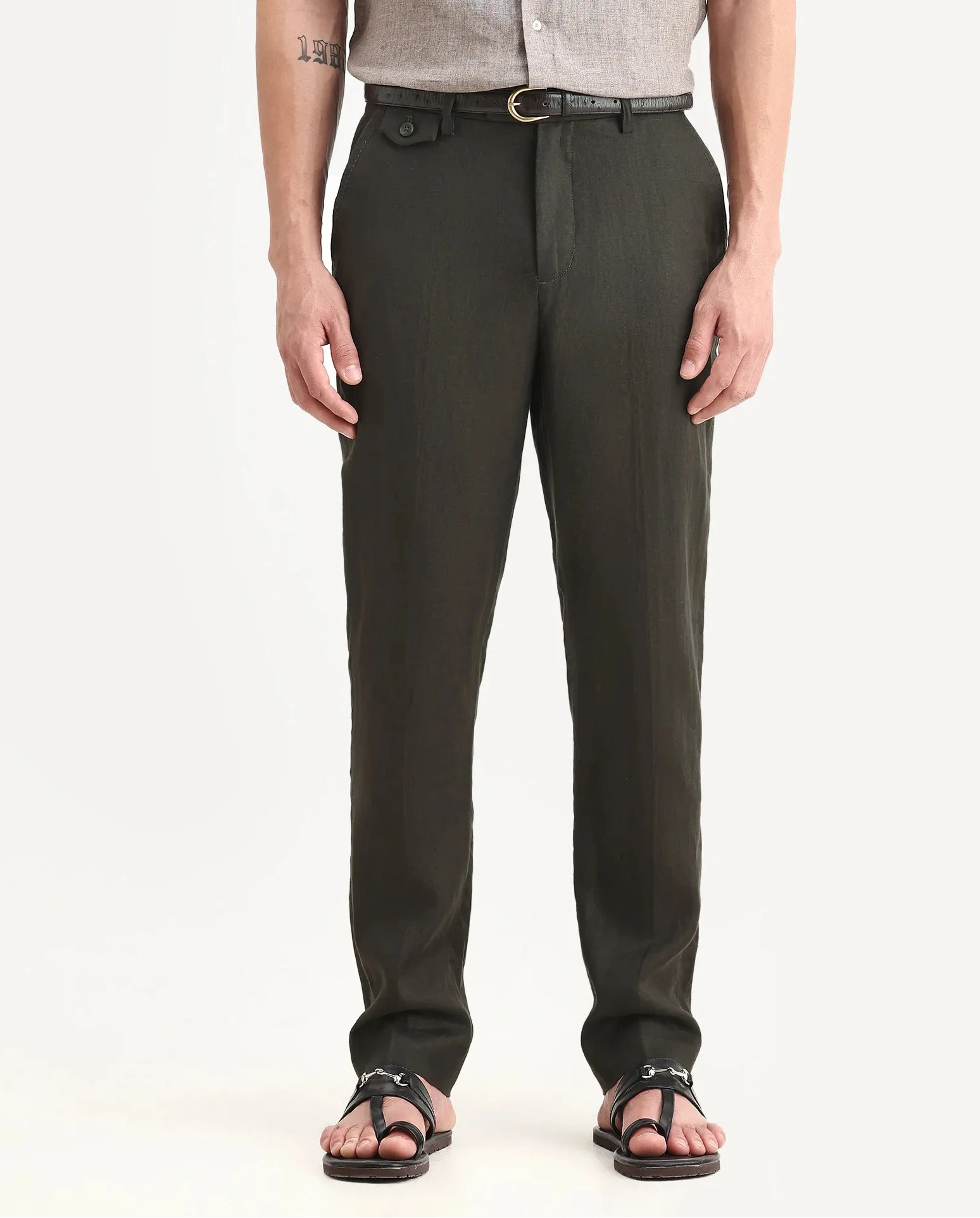 Rare Rabbit Men's Arcelo-2 Olive 100% Linen Plain Regular Fit Trouser