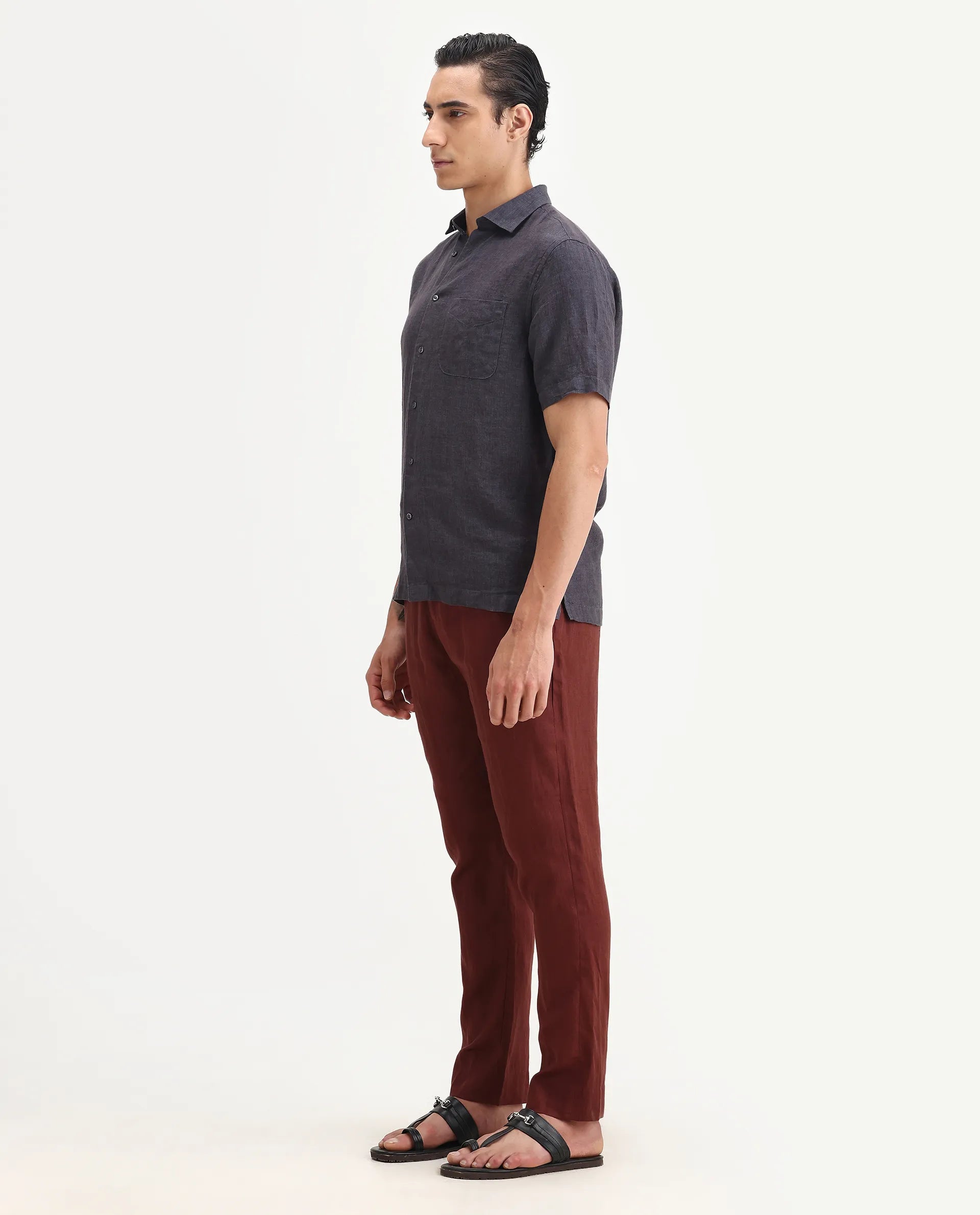 Rare Rabbit Men's Arcelo-2 Rust 100% Linen Plain Regular Fit Trouser