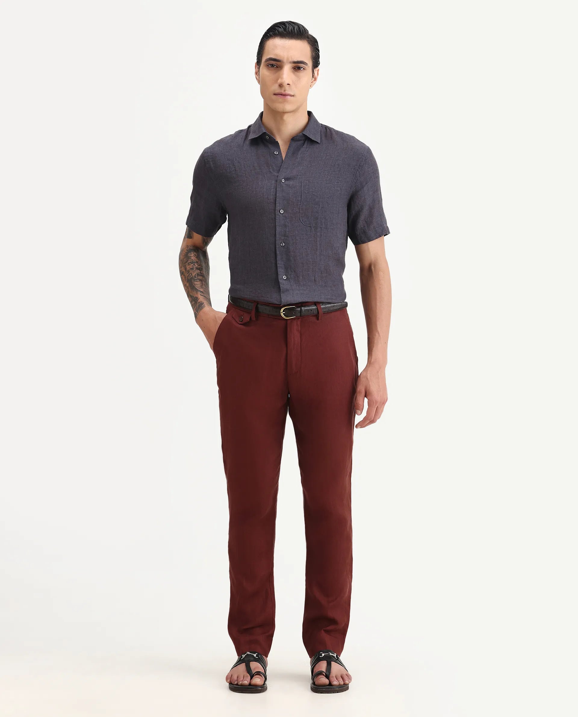 Rare Rabbit Men's Arcelo-2 Rust 100% Linen Plain Regular Fit Trouser