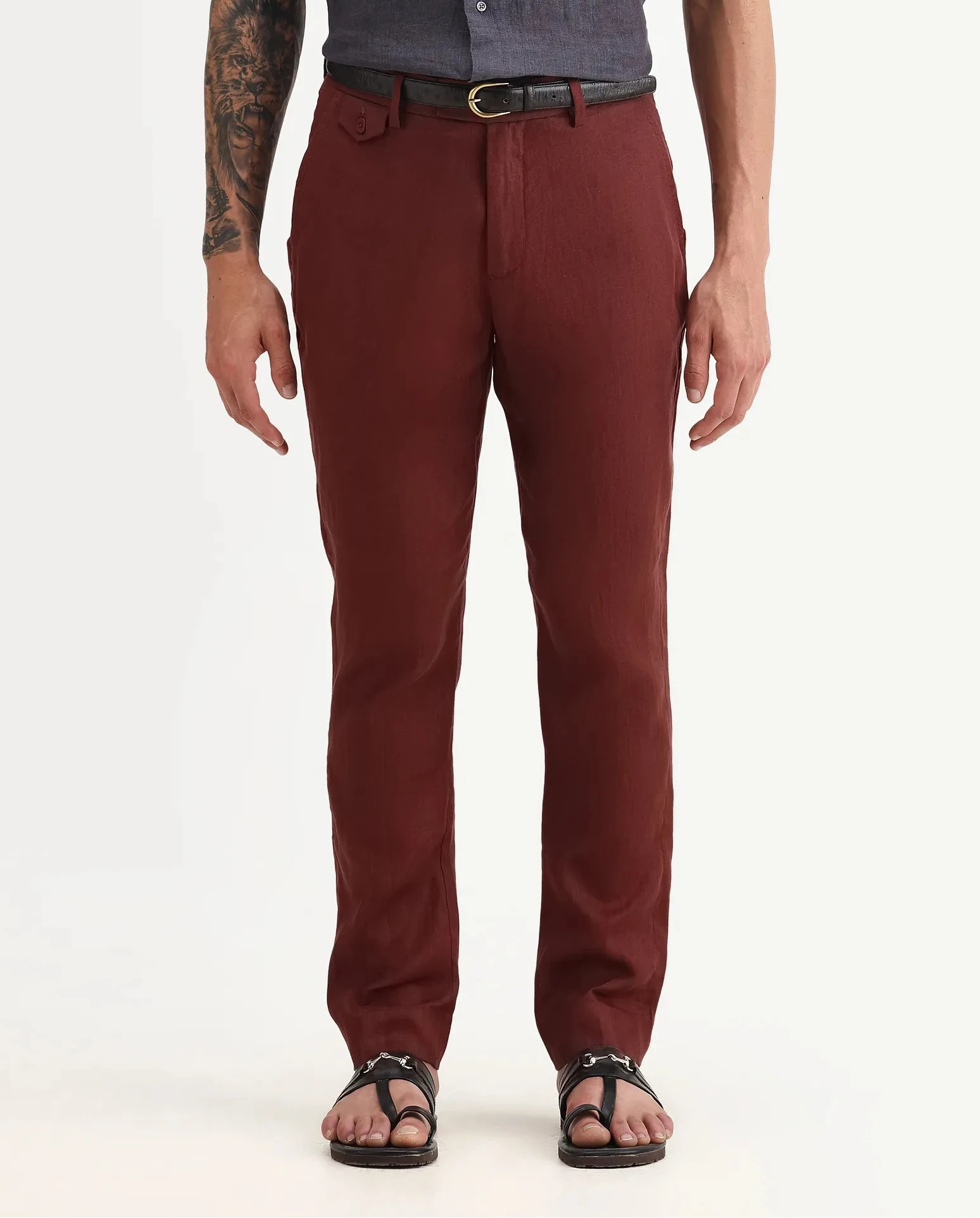 Rare Rabbit Men's Arcelo-2 Rust 100% Linen Plain Regular Fit Trouser