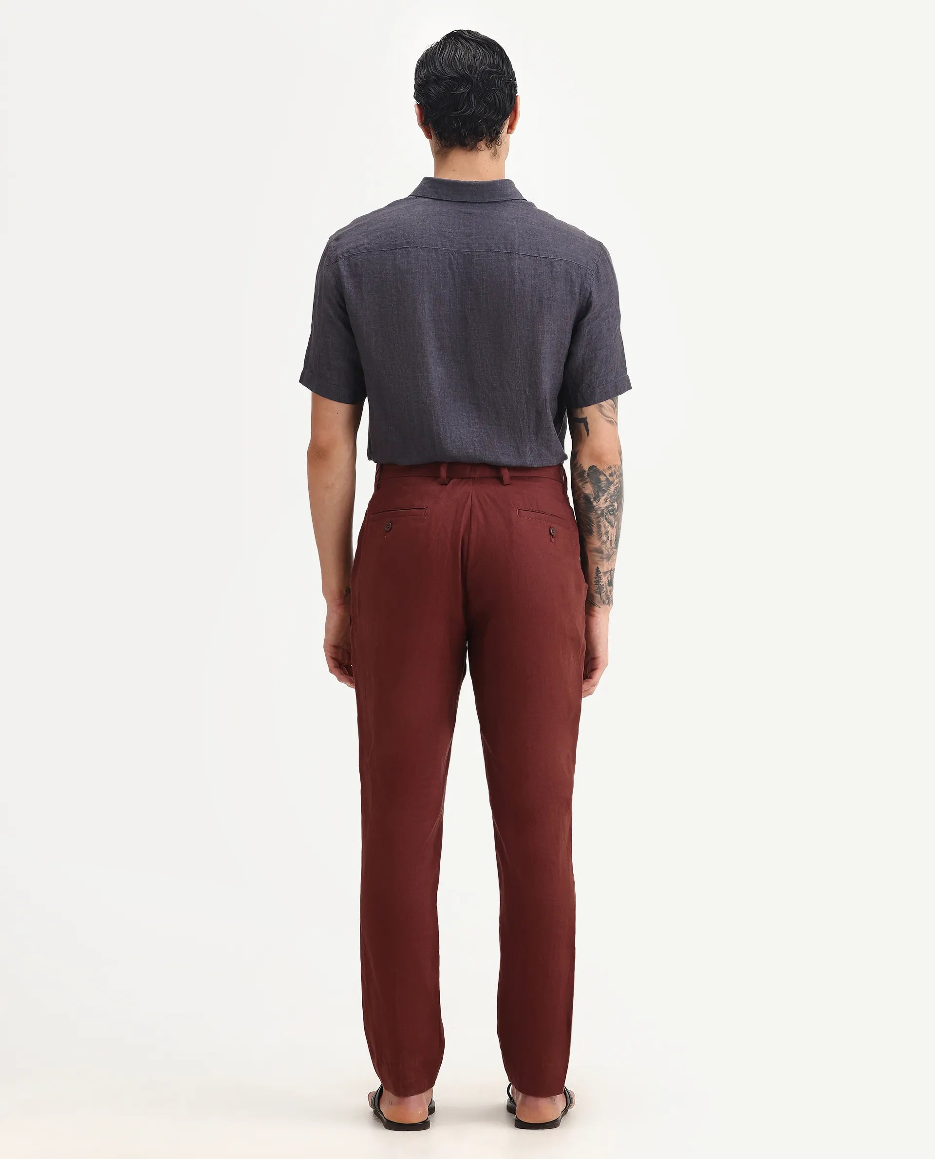 Rare Rabbit Men's Arcelo-2 Rust 100% Linen Plain Regular Fit Trouser