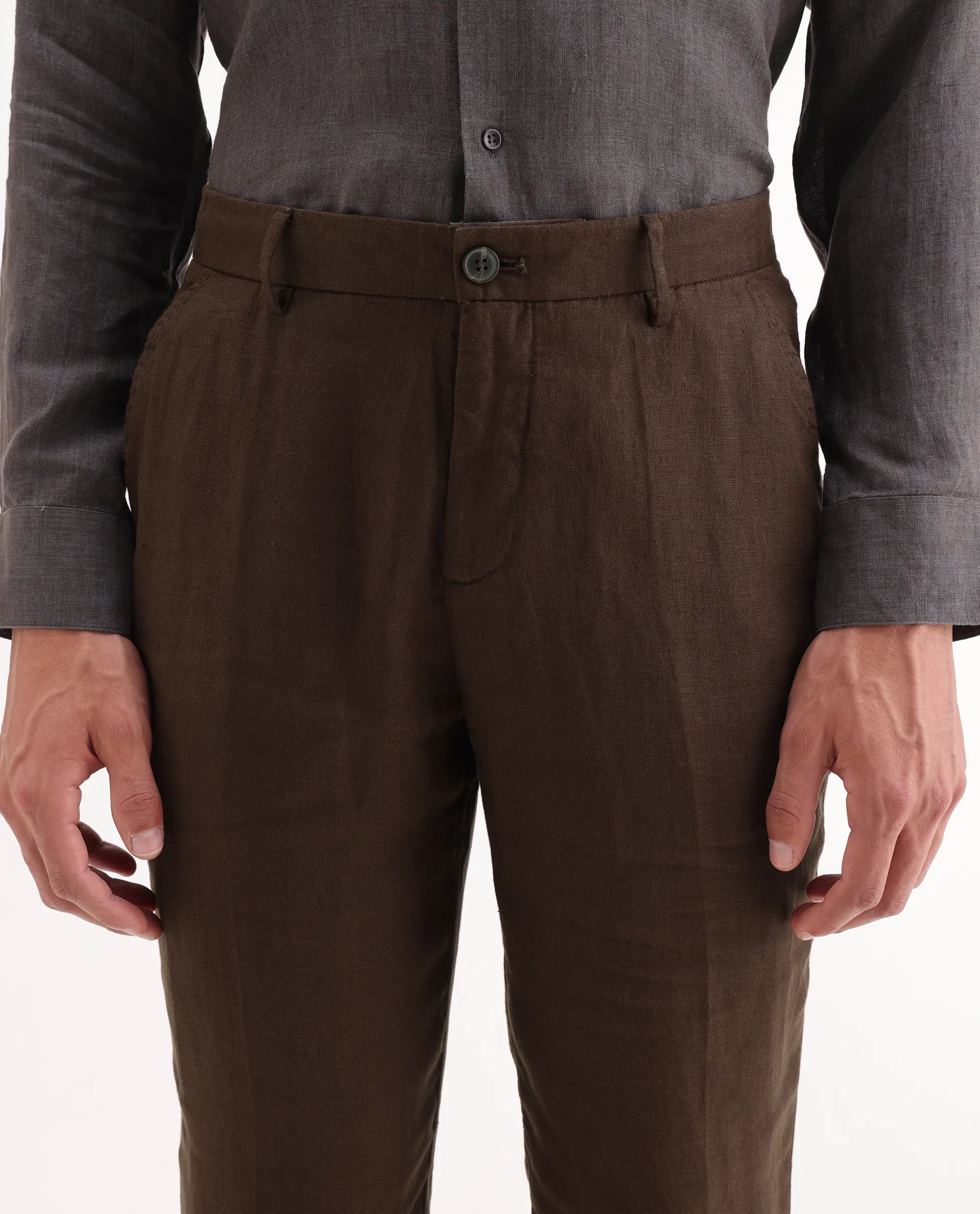 Rare Rabbit Men's Arcelo Brown Linen Plain Regular Fit Trouser