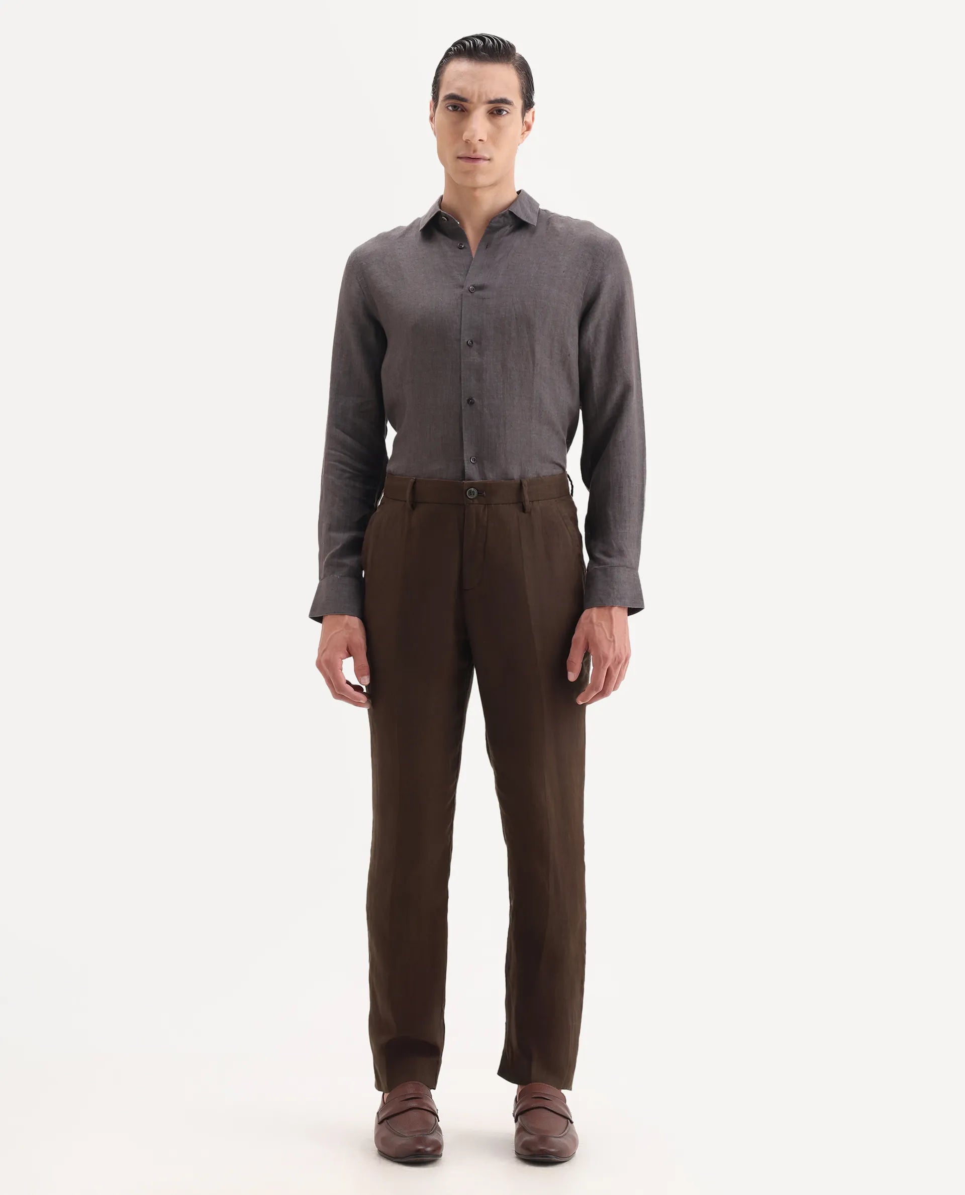 Rare Rabbit Men's Arcelo Brown Linen Plain Regular Fit Trouser