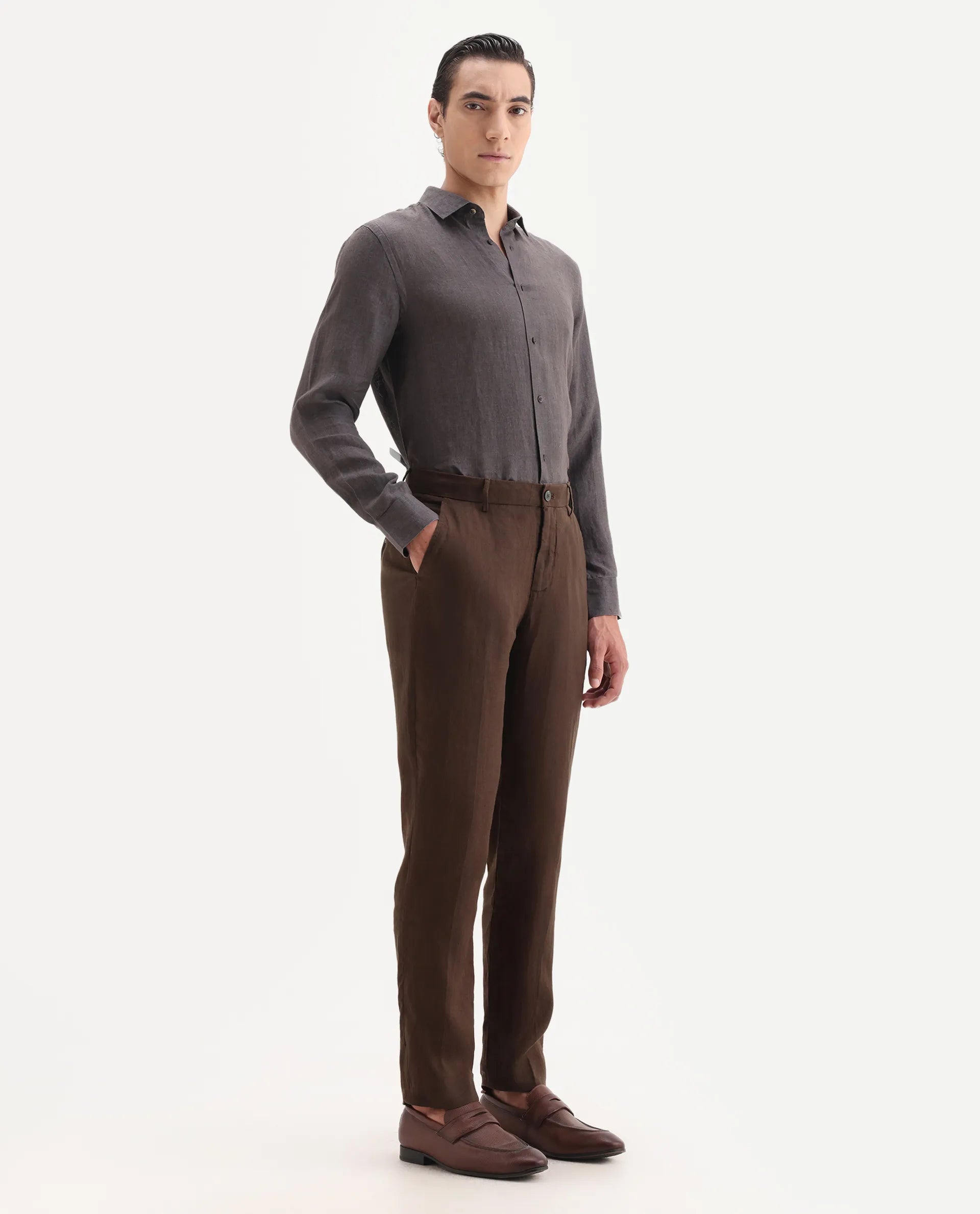 Rare Rabbit Men's Arcelo Brown Linen Plain Regular Fit Trouser