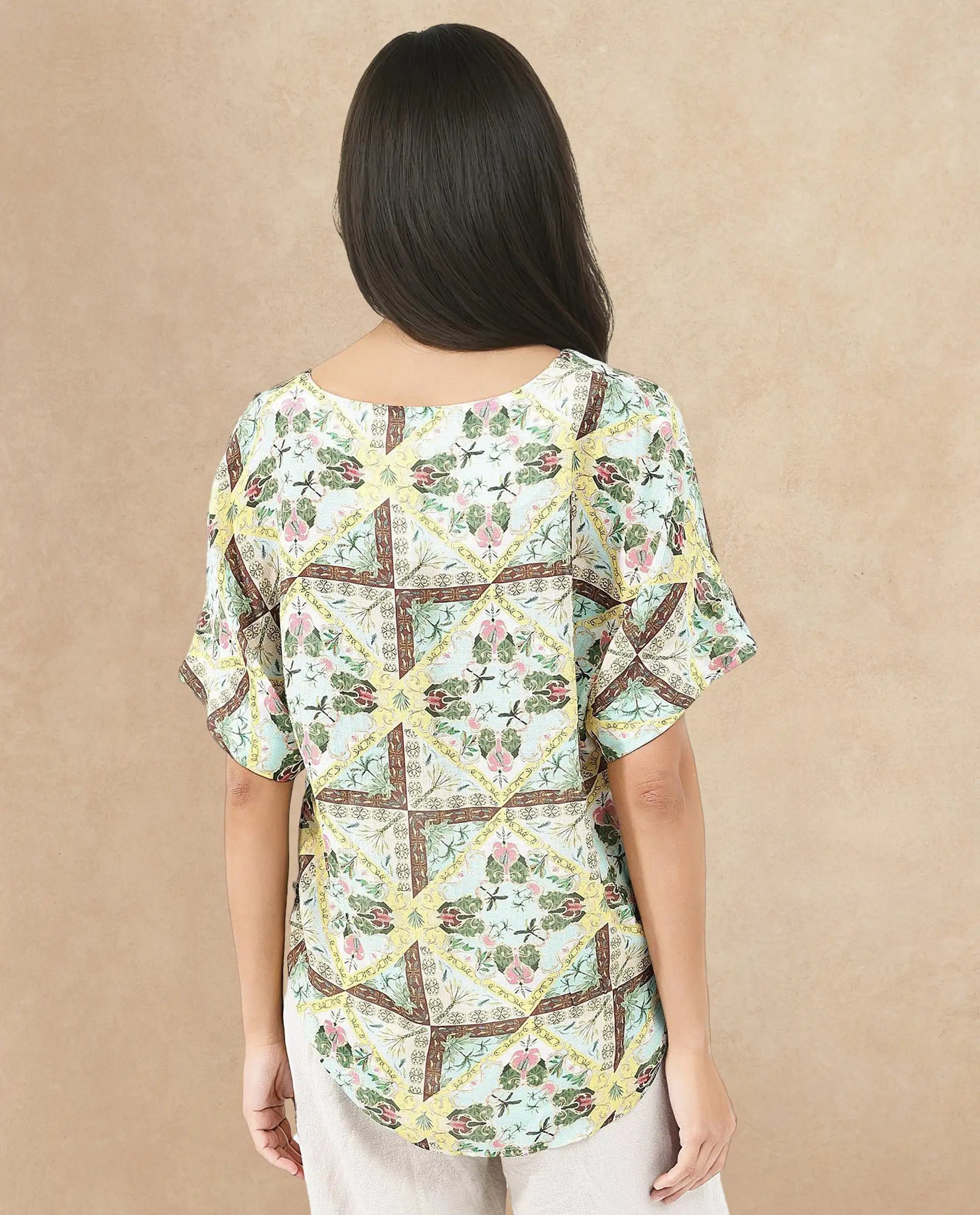 Rareism Women Archibal-T Multi Rayon Fabric Cap Sleeve V-Neck Abstract Print Regular Length Top