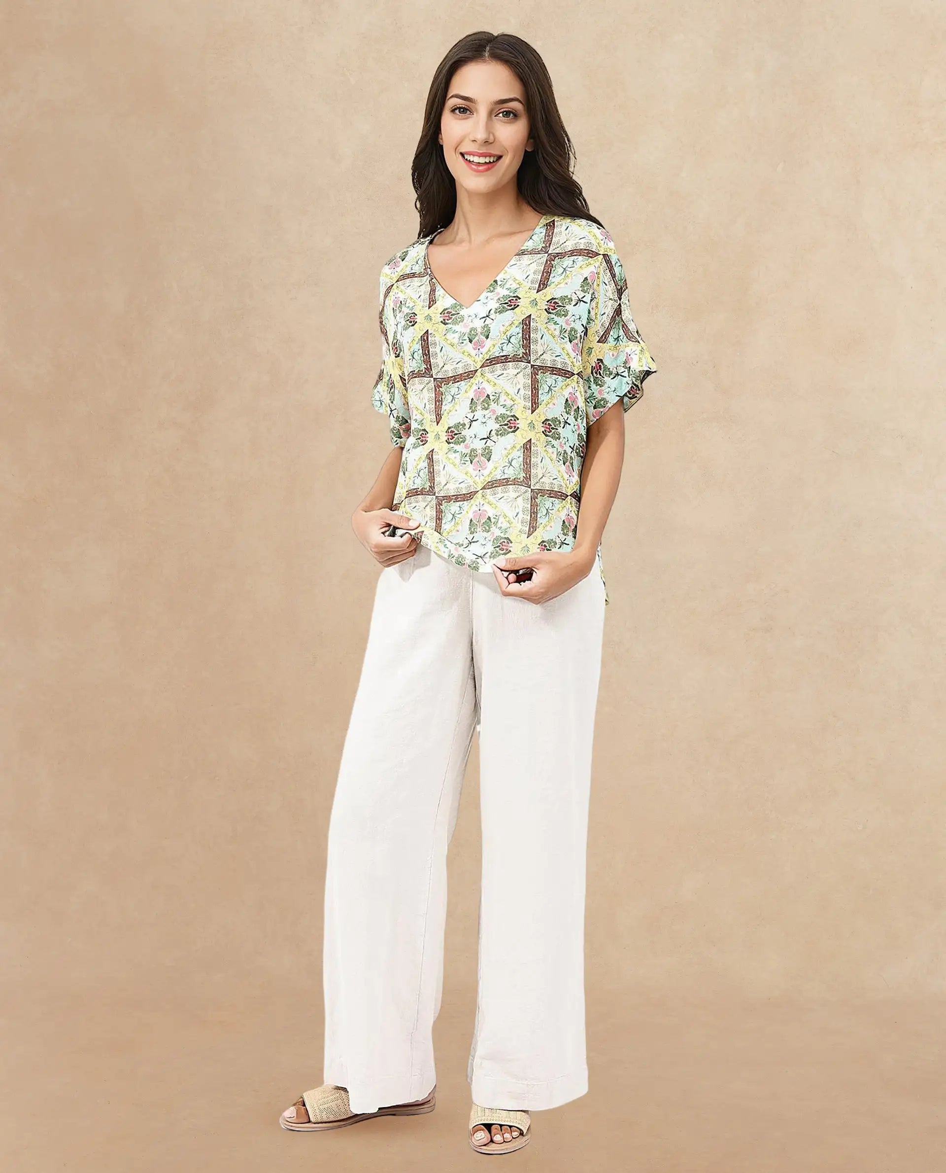 Rareism Women Archibal-T Multi Rayon Fabric Cap Sleeve V-Neck Abstract Print Regular Length Top